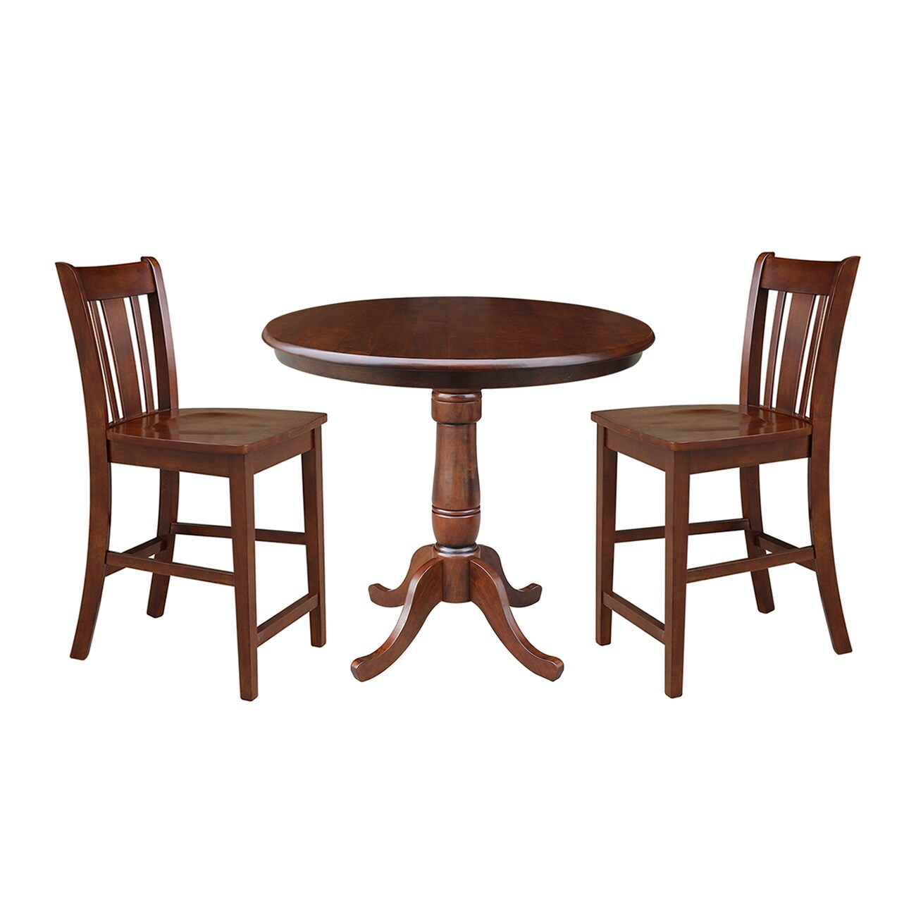 36 Round Pedestal Counter Height Table With 2 Madrid Stools Mocha 3 Piece Set