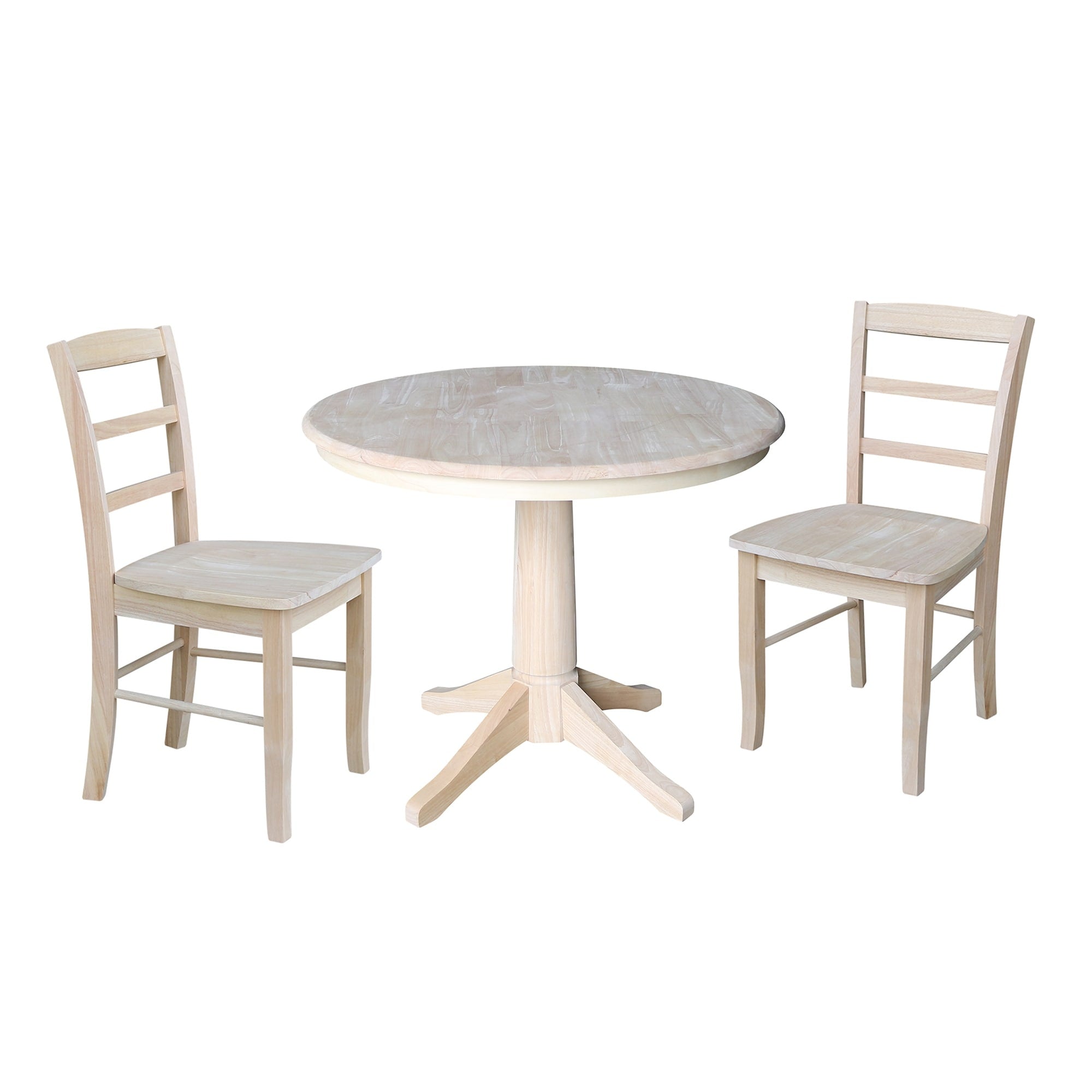 36 Round Pedestal Dining Table With 2 Madrid Chairs Unfinished 3 Piece Set
