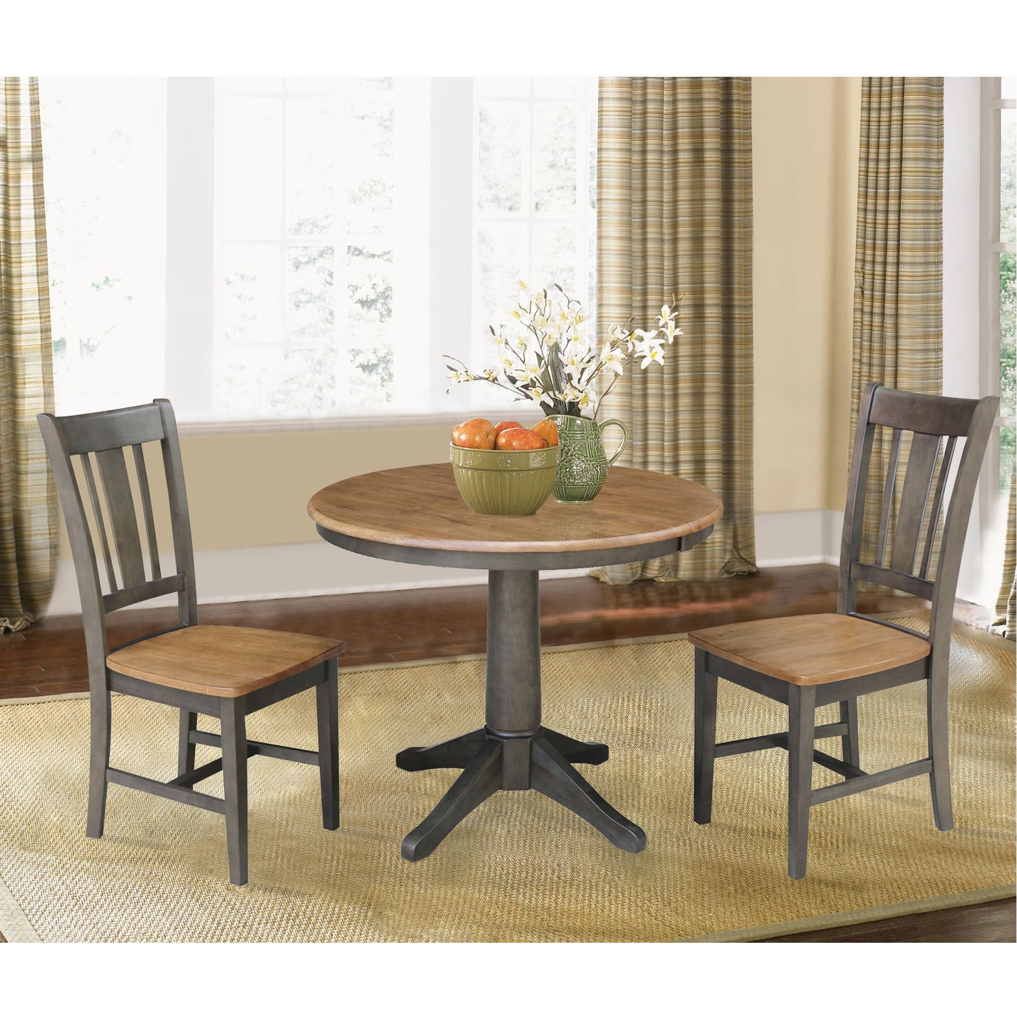 36 Round Extension Dining Table With 2 Chairs In Hickory And Washed Coal