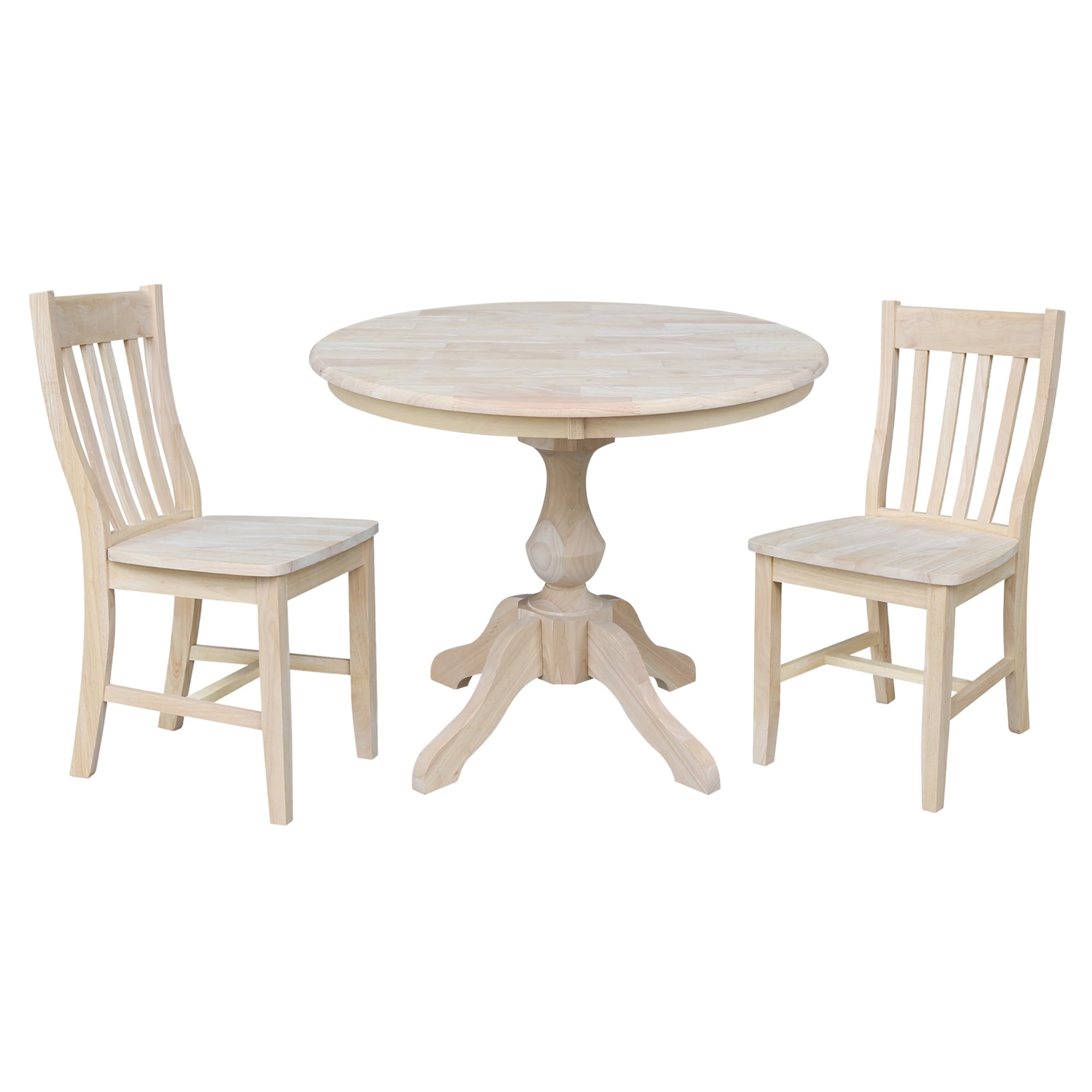 36 Round Top Pedestal Dining Table With 2 Cafe Chairs Unfinished 3 Piece Set