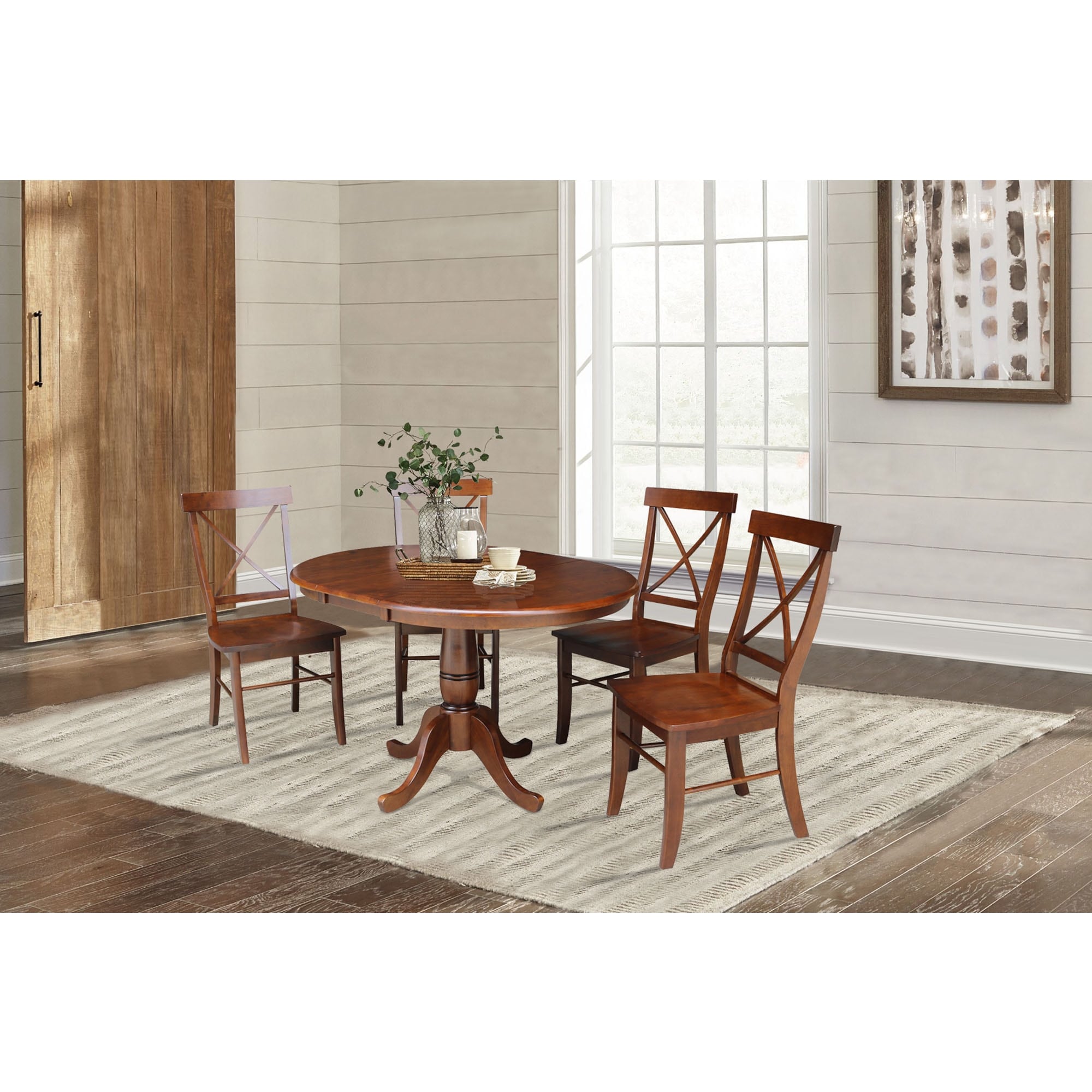 36 Round Top Pedestal Ext Table With 12 Leaf And 4 X Back Chairs Espresso 5 Piece Set