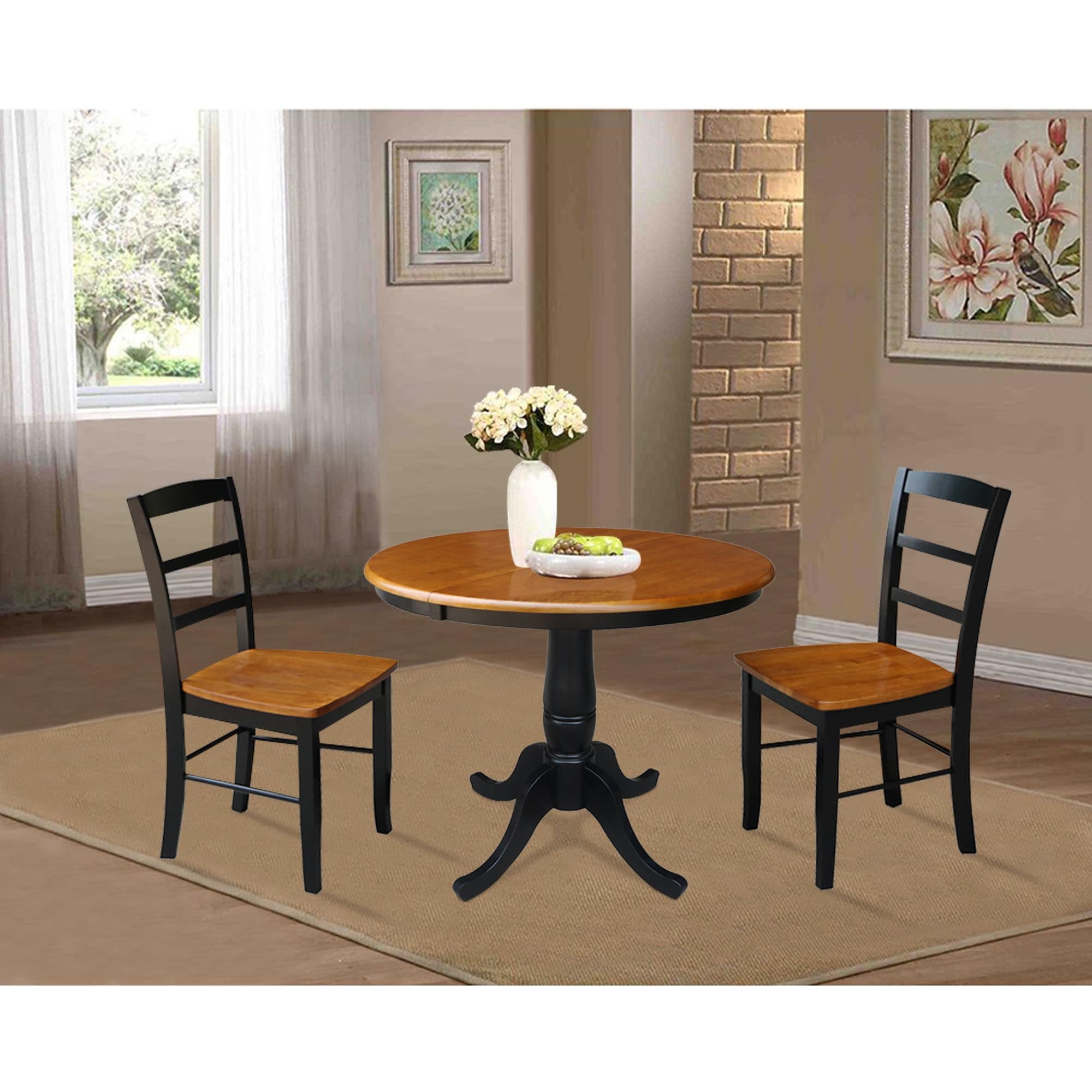 36 Round Top Pedestal Extendable Table With 12 Leaf And 2 Madrid Chairs