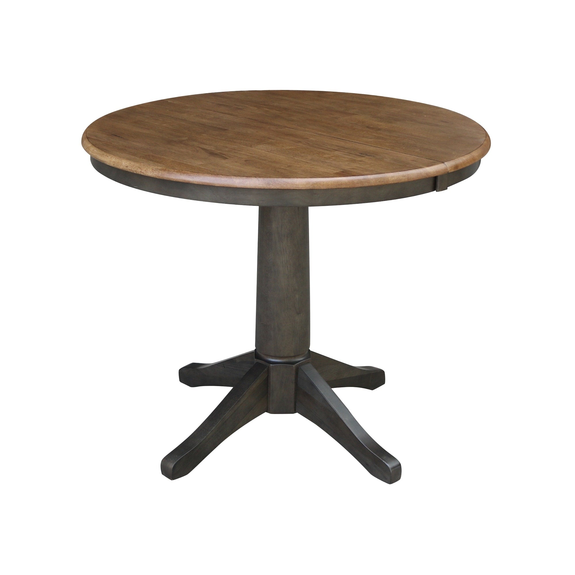 36 Round Top Pedestal Table With 12 Leaf 30.1 H Dining Height In Hickory And Washed Coal