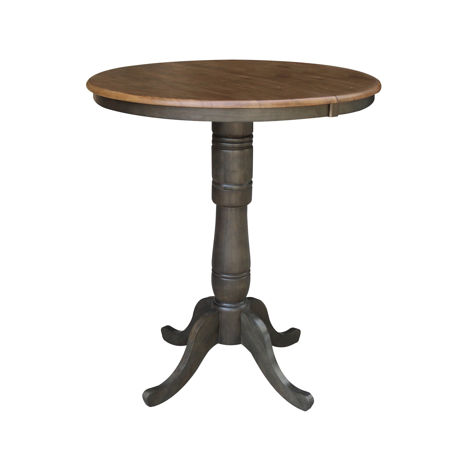 36 Round Top Pedestal Table With 12 Leaf 41.3 H Bar Height In Hickory And Washed Coal
