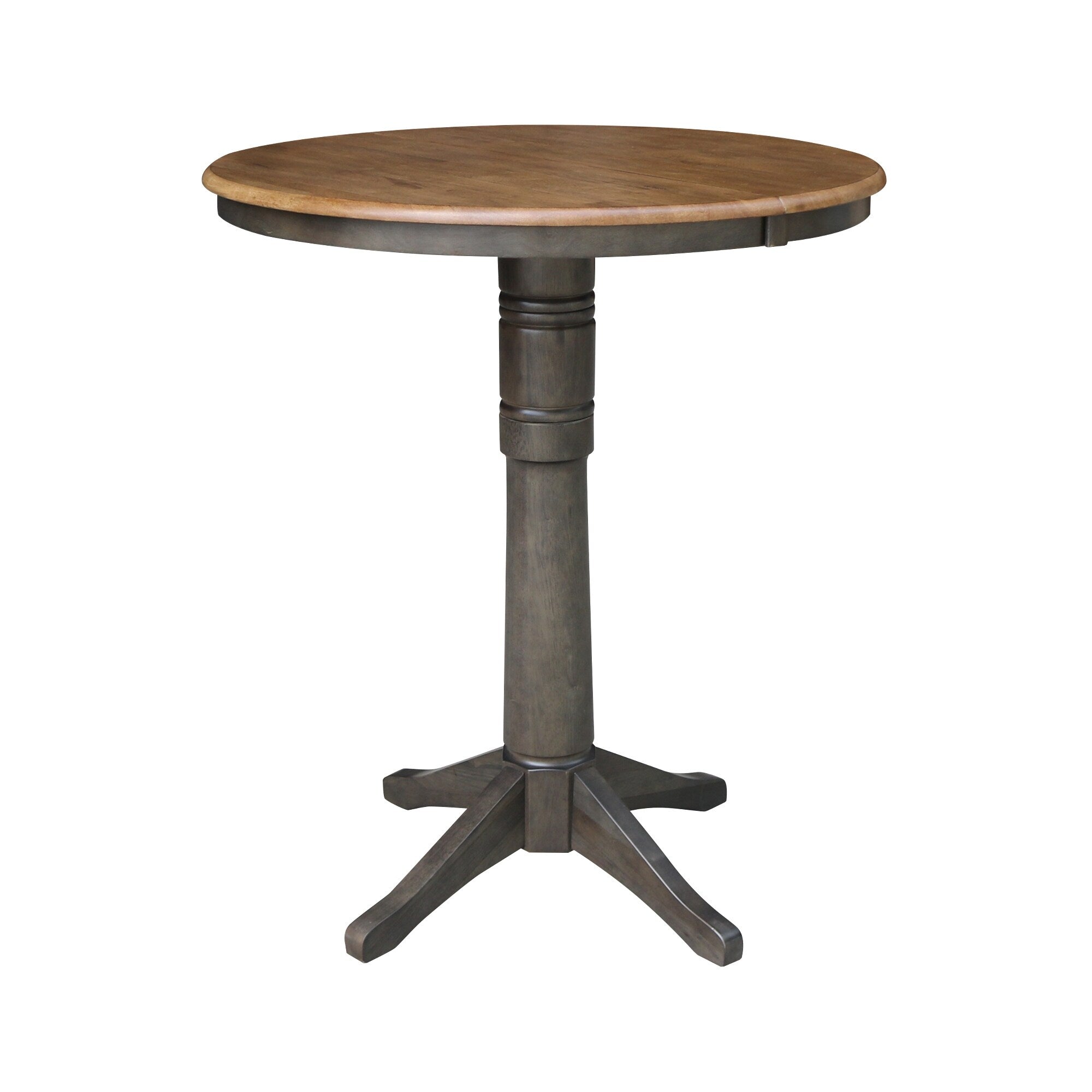 36 Round Top Pedestal Table With 12 Leaf 42.1 H Bar Height In Hickory And Washed Coal