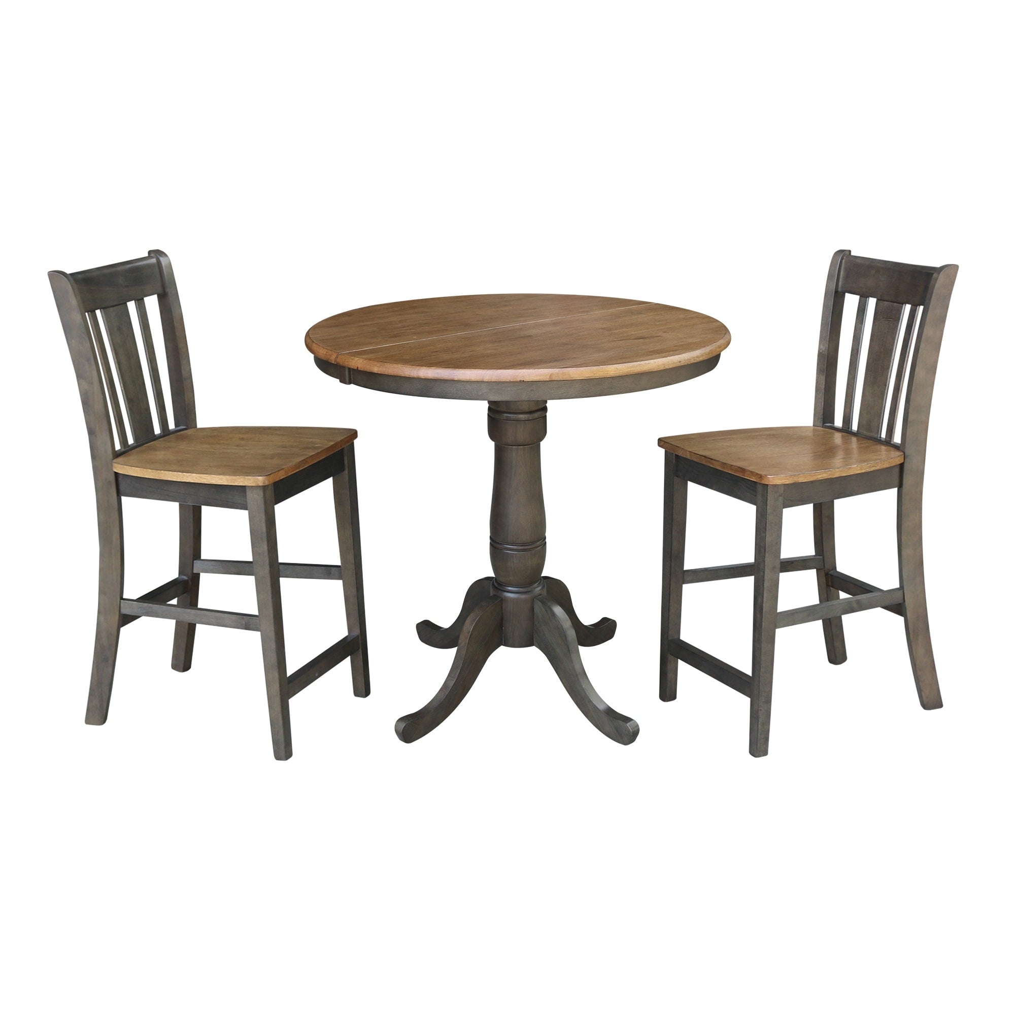 36 Round Extension Dining Table With 2 San Remo Counter Height Stools In Hickory And Washed Coal