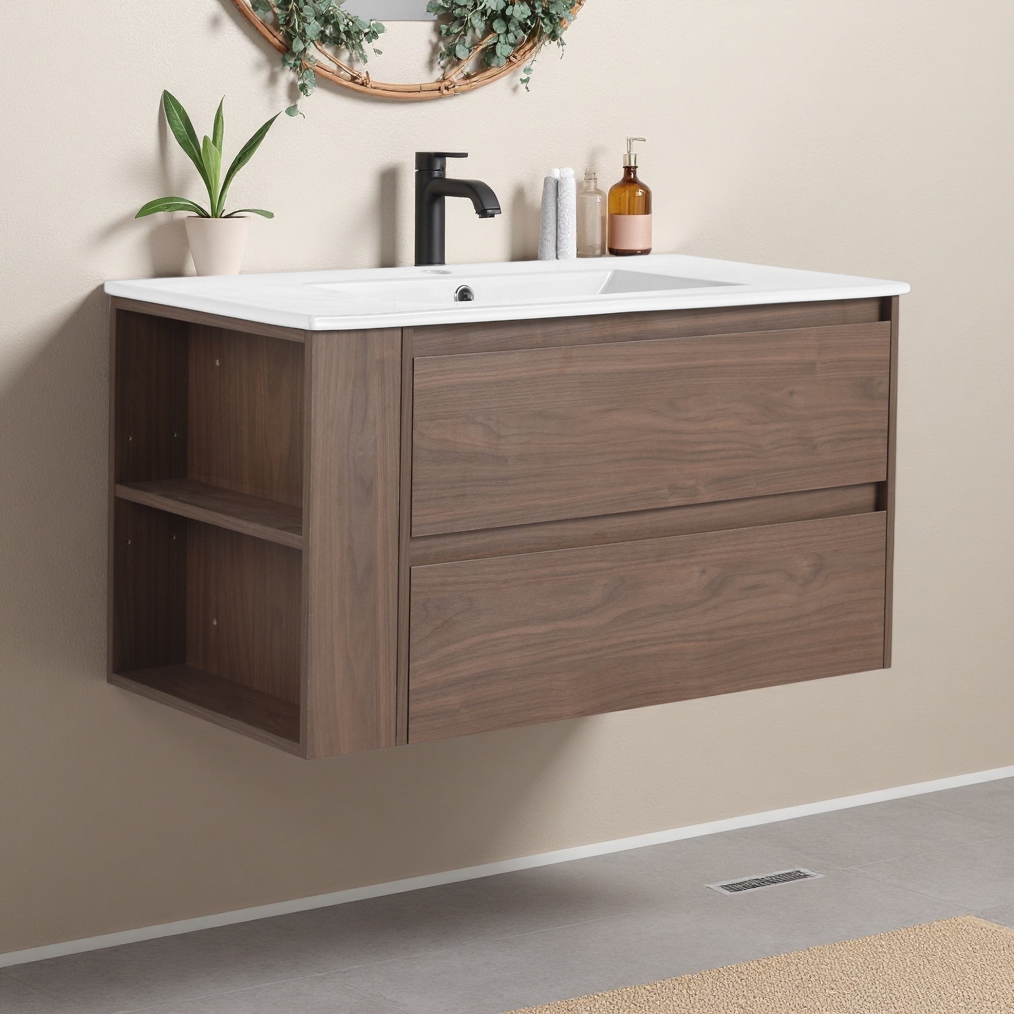 36 Wall Mounting Bathroom Vanity With Ceramic Sink Soft Close Drawers And Side Shelf Kd Package