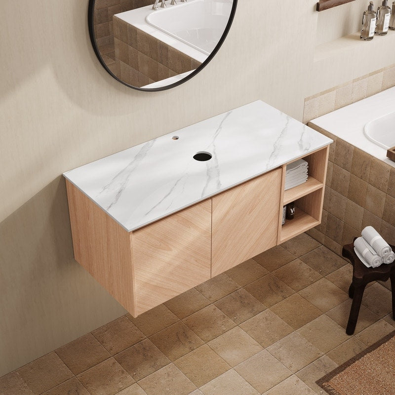36 Walnut Wall Mounted Bathroom Vanity Cabinet With Countertop No Sink