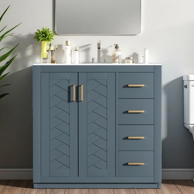 36 Bathroom Vanity With Ceramic Sink Freestanding Storage Cabinet With Solid Wood Frame 3 Drawers 2 Soft Close Doors