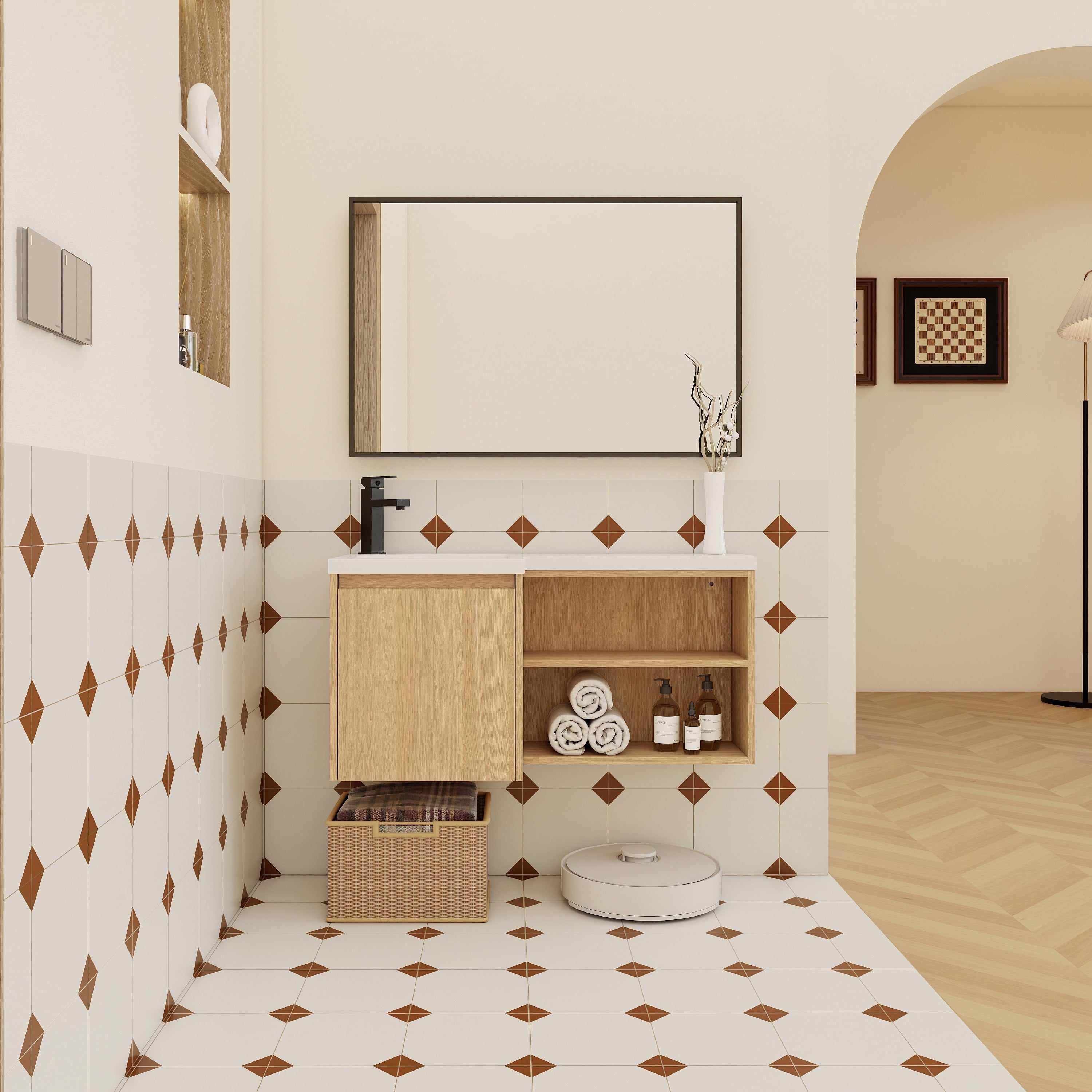 36 Floating Bathroom Vanity With Resin Gel Coat Integrated Sink L Shaped Wall Mounted Vanity Soft Close Door Open Shelves