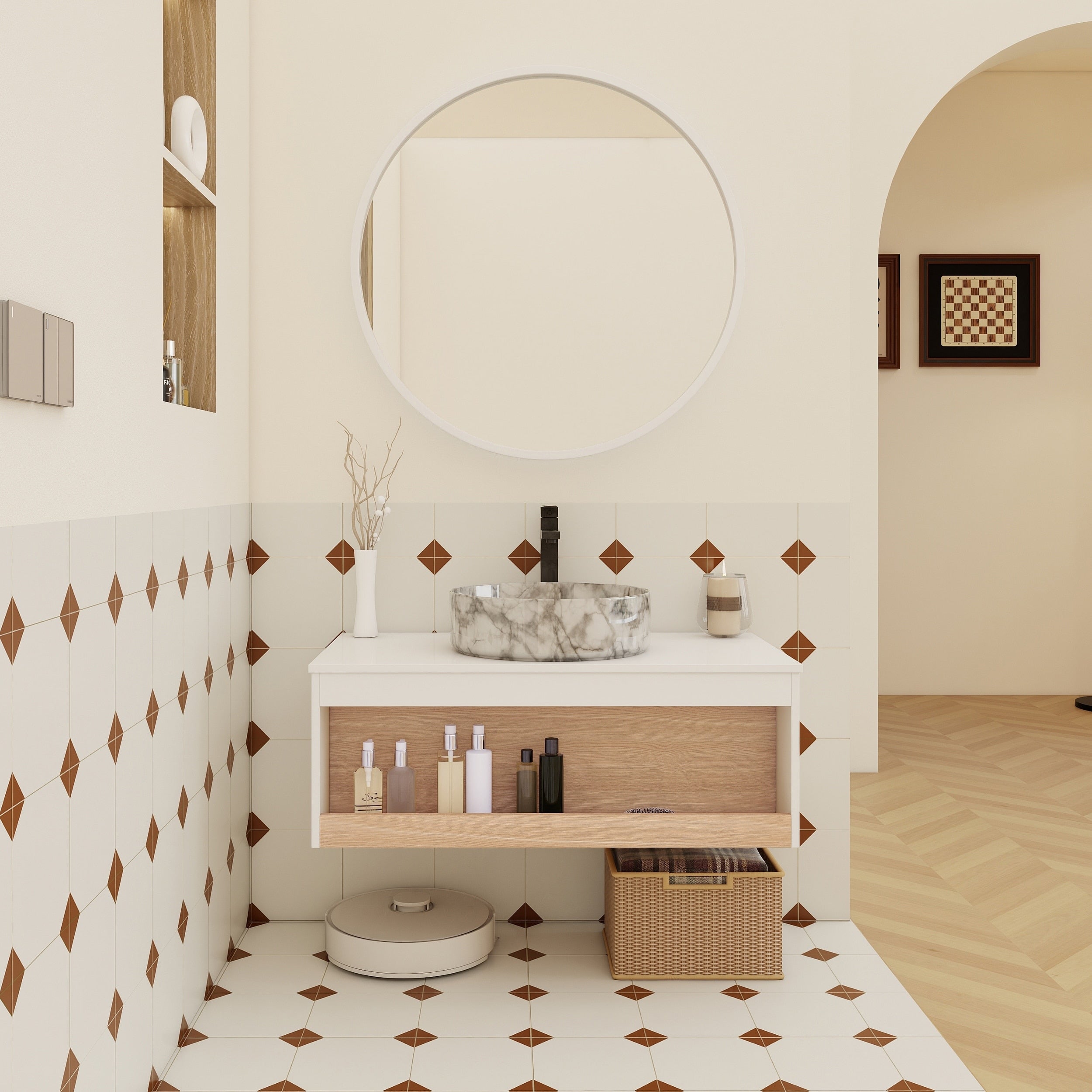 36 Floating Bathroom Vanity With Vein Marble Vessel Sink Wall Mounted Vanity With Open Shelf Storage Space Saving Modern Design