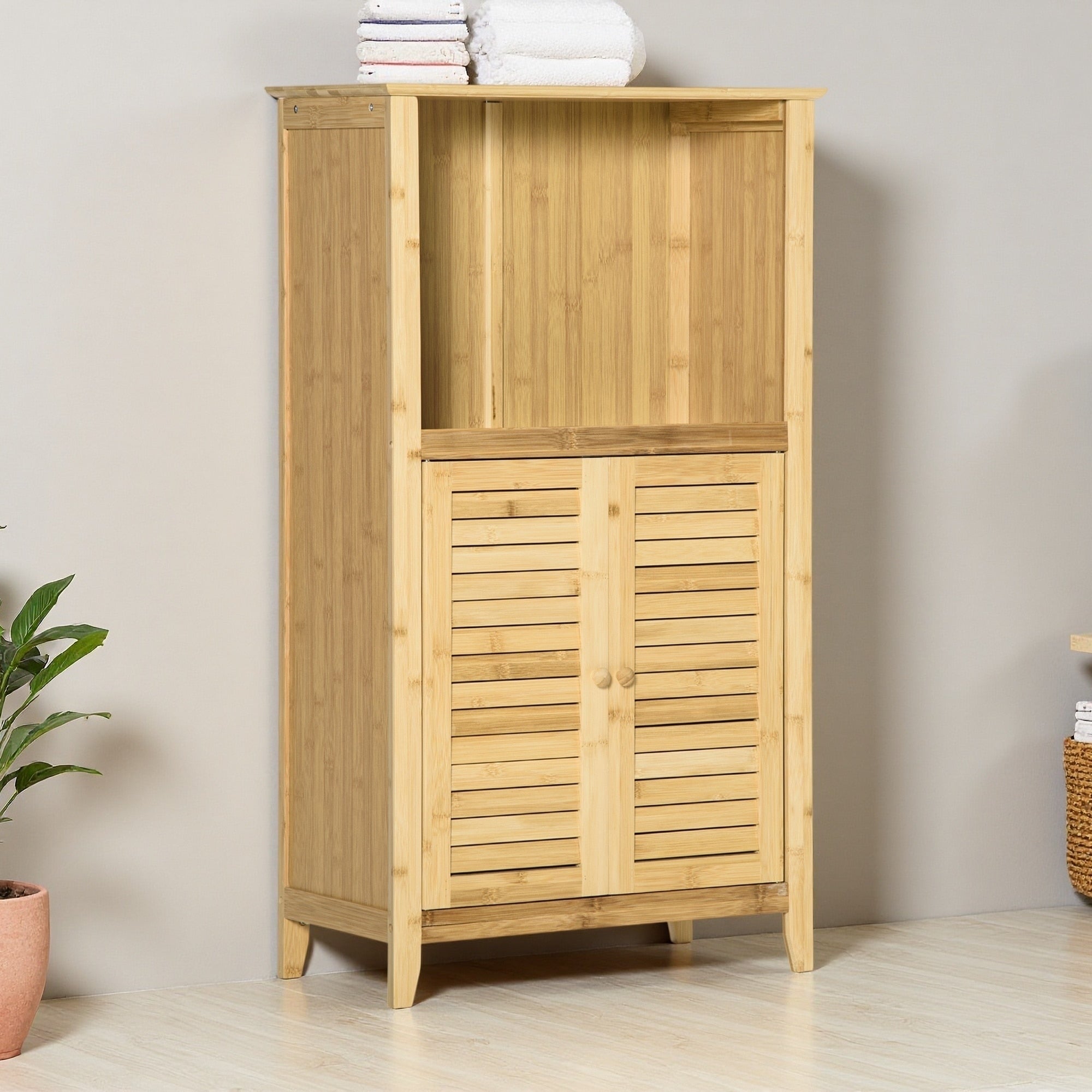36 H Bamboo Floor Cabinet Bathroom Floor Cabinet Living Room Organizer Tower With Multiple Shelves And Doors