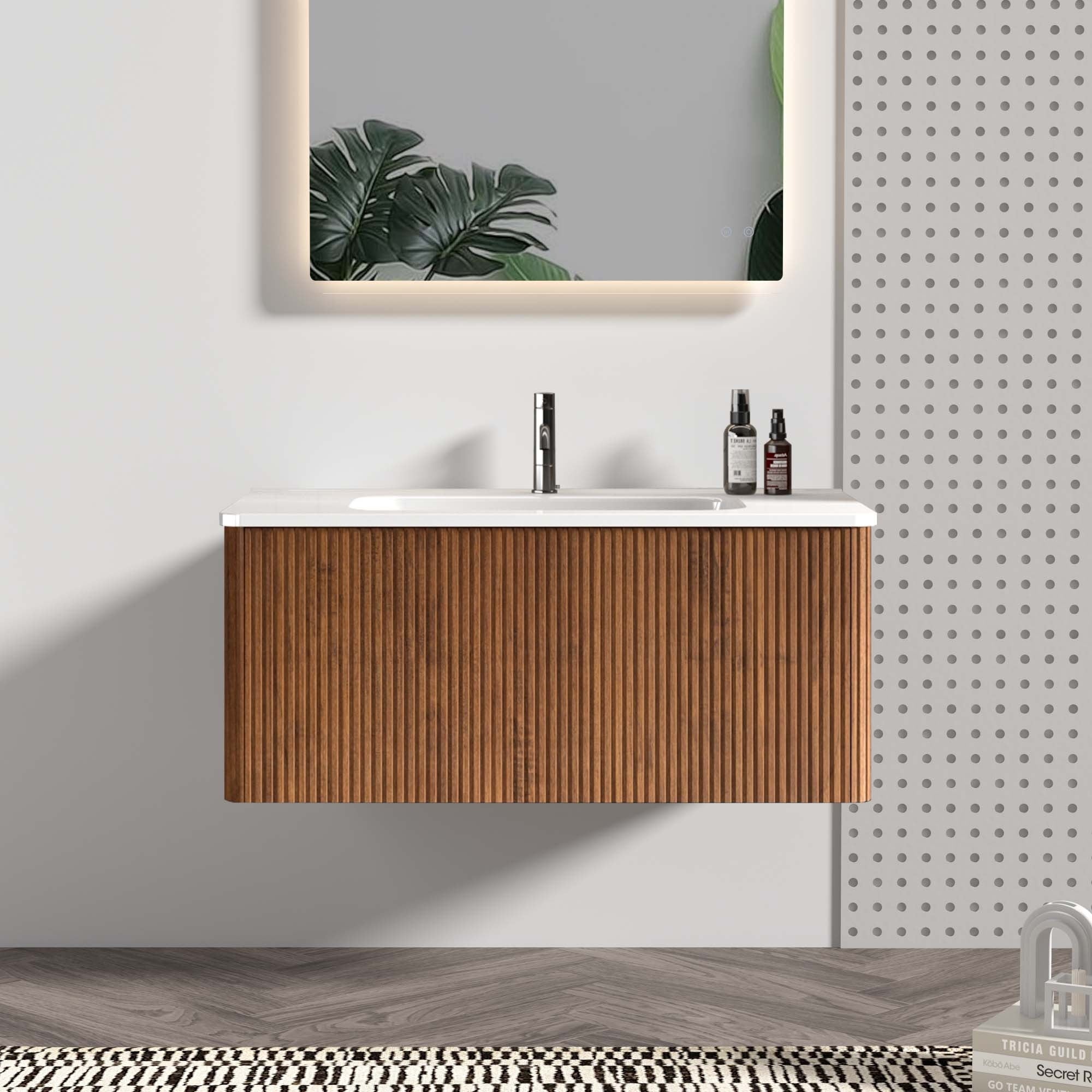 36 Inch Striped Walnut Bathroom Vanity With White Ceramic Sink Wall Mounted Floating Bathroom Vanity For Modern Bathroom