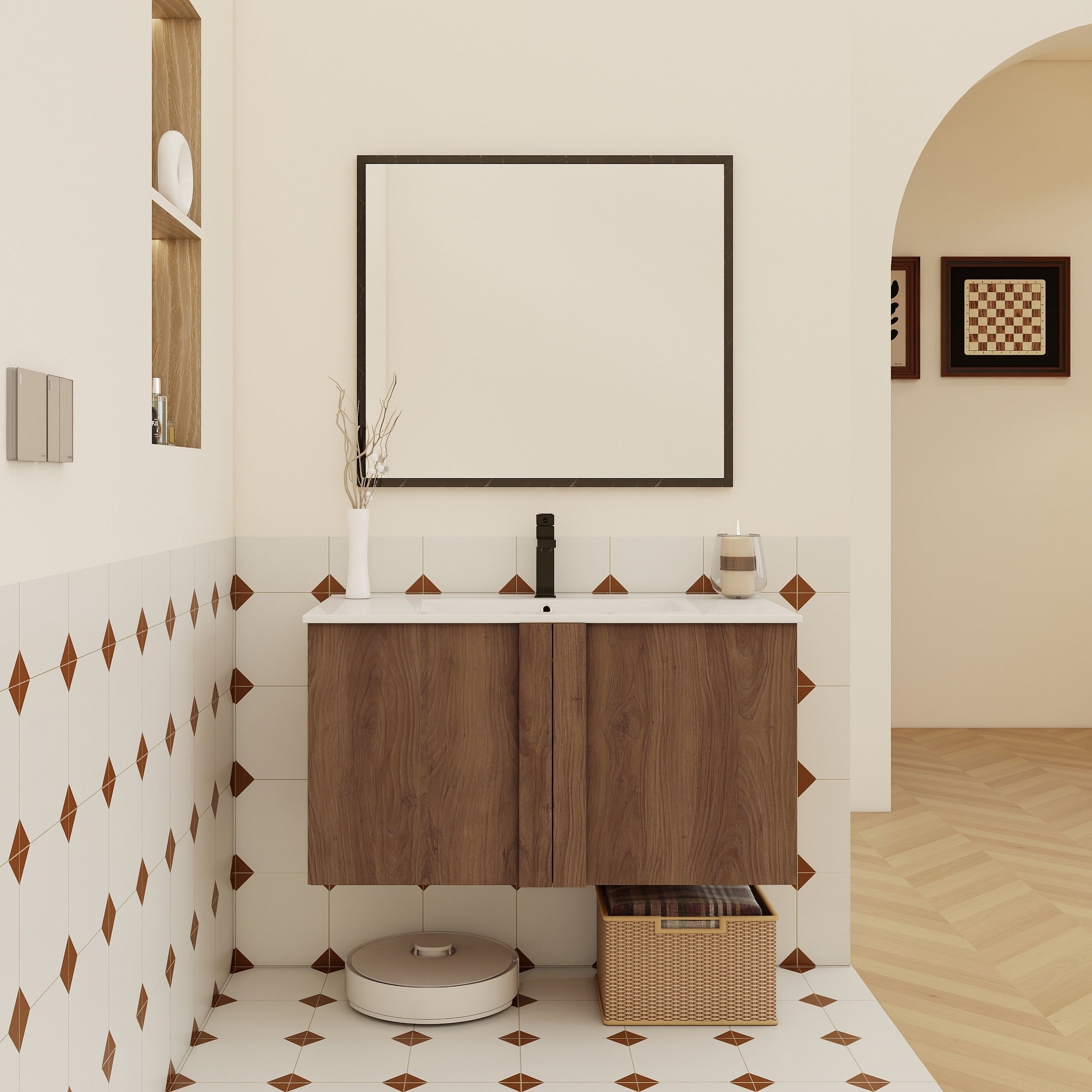 36 Wall Mounted Bathroom Vanity With Sink Combo Floating Vanity In Brown Ebony Soft Close Doors Modern Large Bathroom Vanity Set