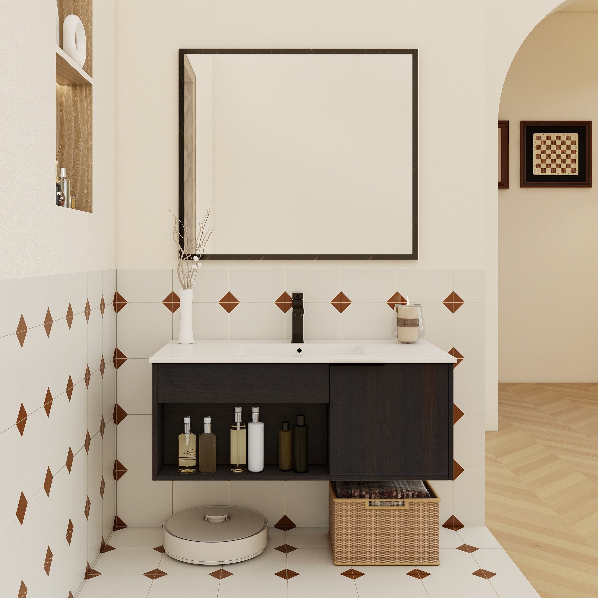 36 Wall Mounted Floating Bathroom Vanity With Ceramic Sink With Open Shelf Soft Close Door Faucet Drain Not Included