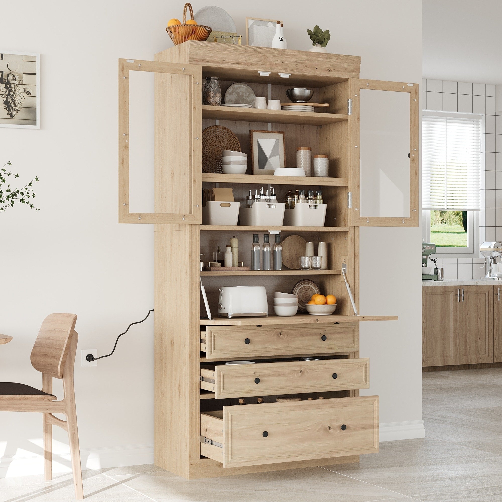 36 X16.5 X78 Freestanding Kitchen Pantry Storage Cabinet Multifunctional Cupboard With 3 Drawers Adjustable Shelves
