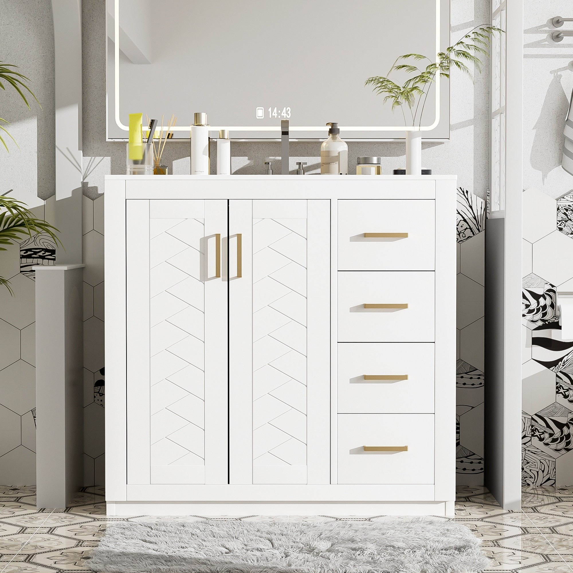 36 Bathroom Vanity With Ceramic Sink Combo Solid Wood Frame Freestanding Vanity Set With 3 Drawers Soft Closing Doors