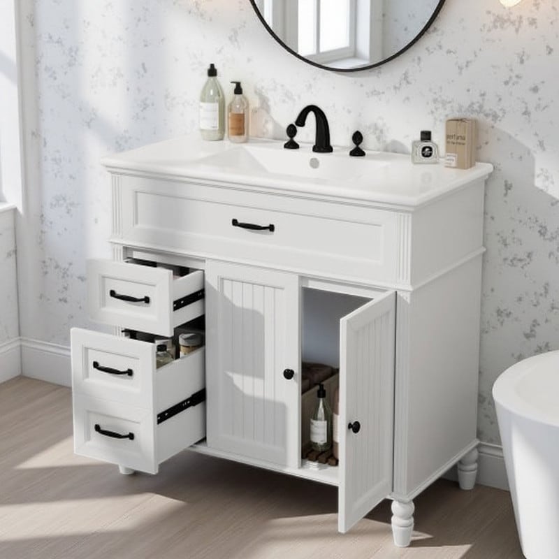 36 Freestanding Bathroom Storage Cabinet With Ceramic Sink 2 Soft Close Doors Drawers Solid Wood Frame