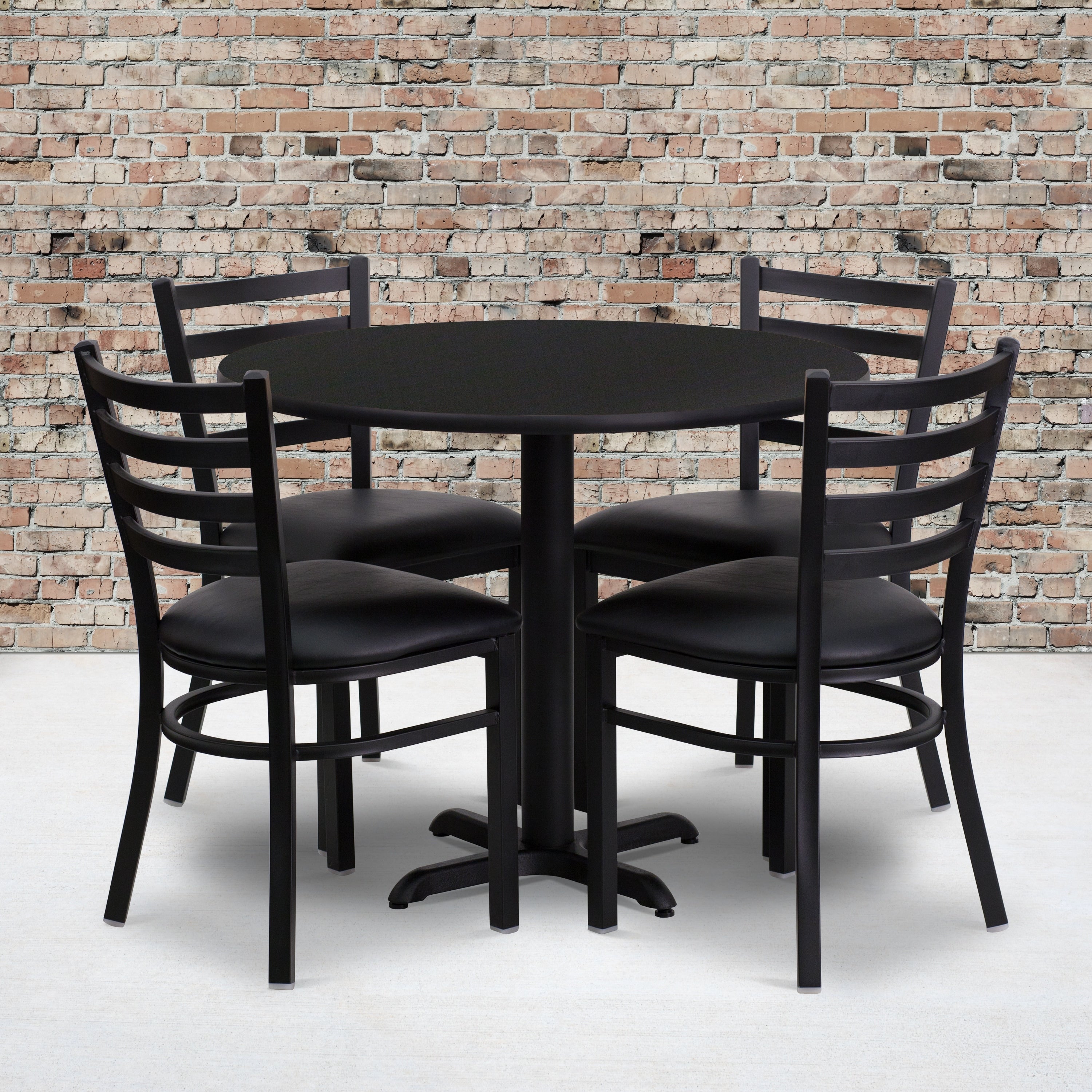 36 Round Laminate Table Set With X Base And 4 Ladder Back Metal Chairs