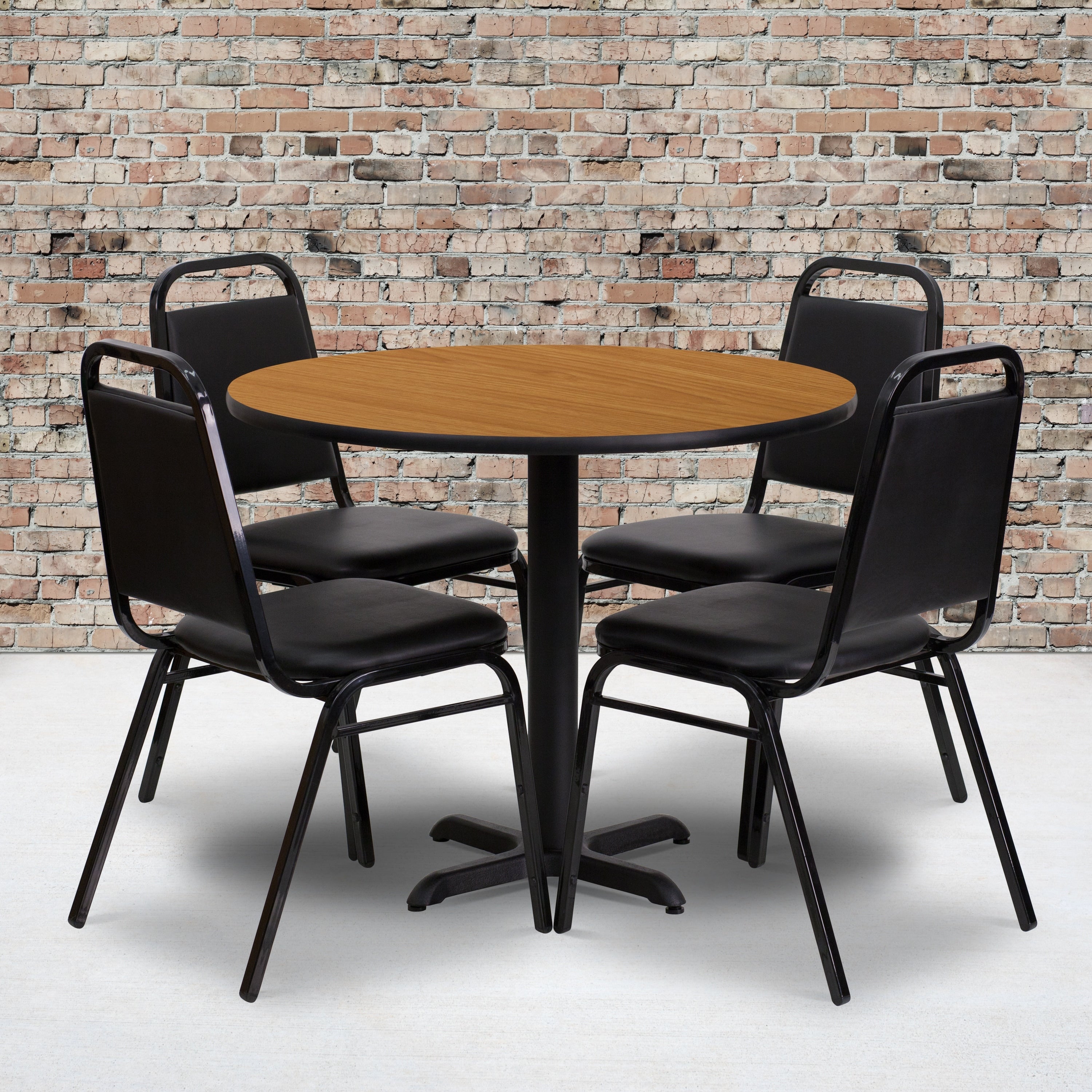 36 Round Laminate Table Set With 4 Trapezoidal Back Banquet Chairs