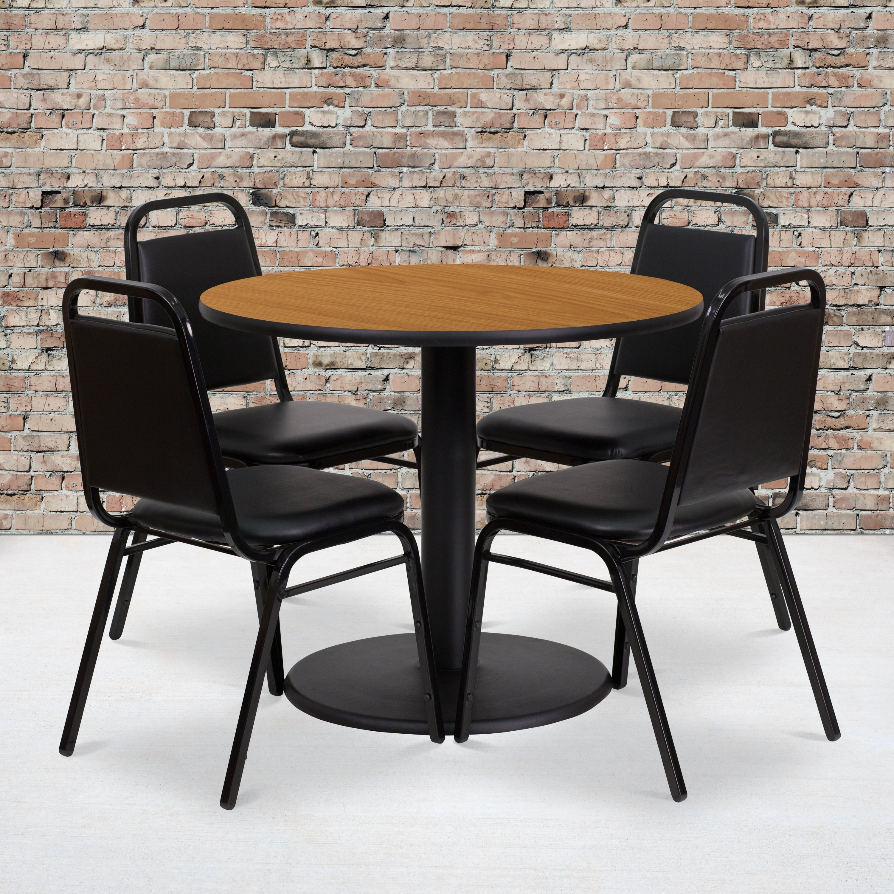 36 Round Laminate Table Set With 4 Trapezoidal Back Banquet Chairs