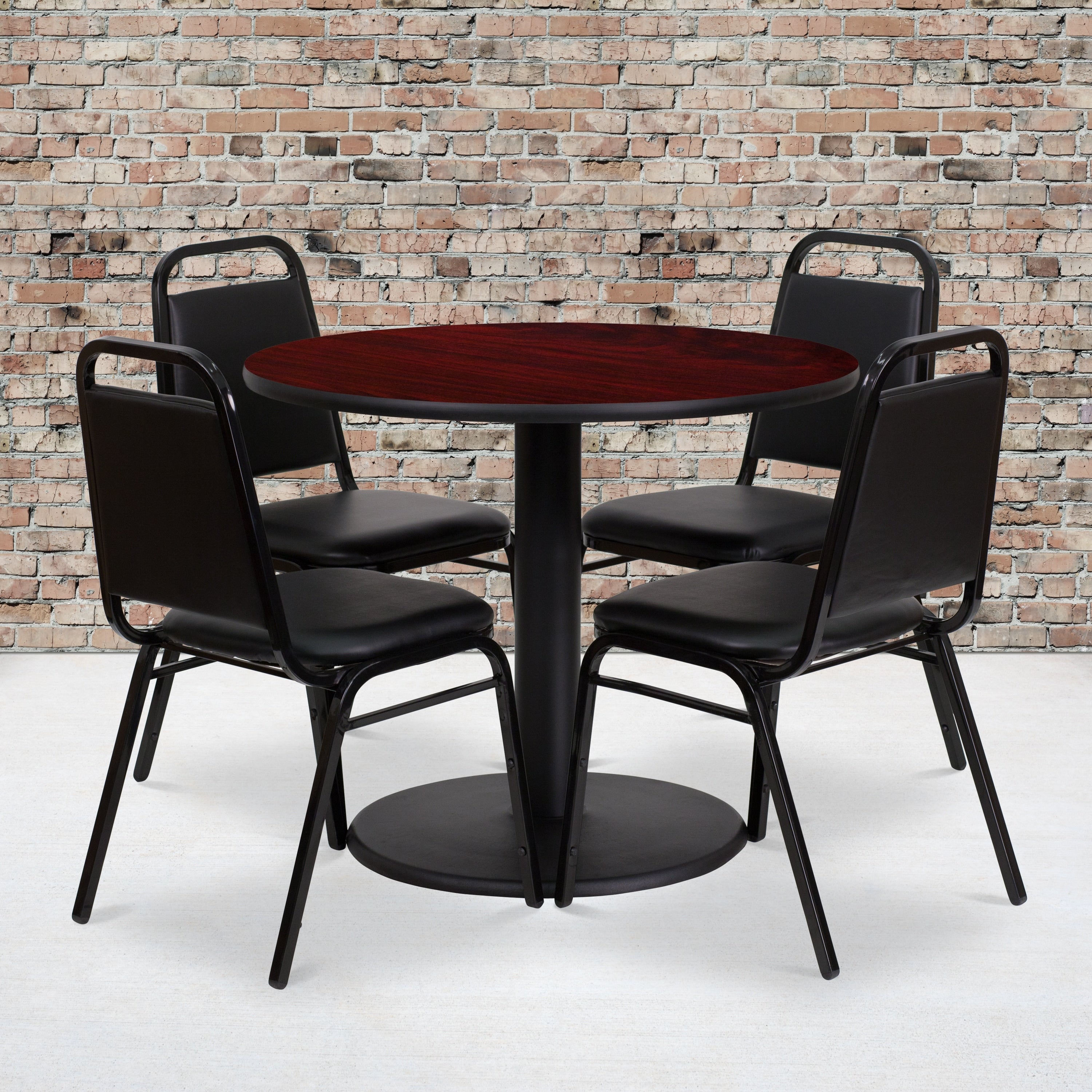 36 Round Laminate Table Set With 4 Trapezoidal Back Banquet Chairs