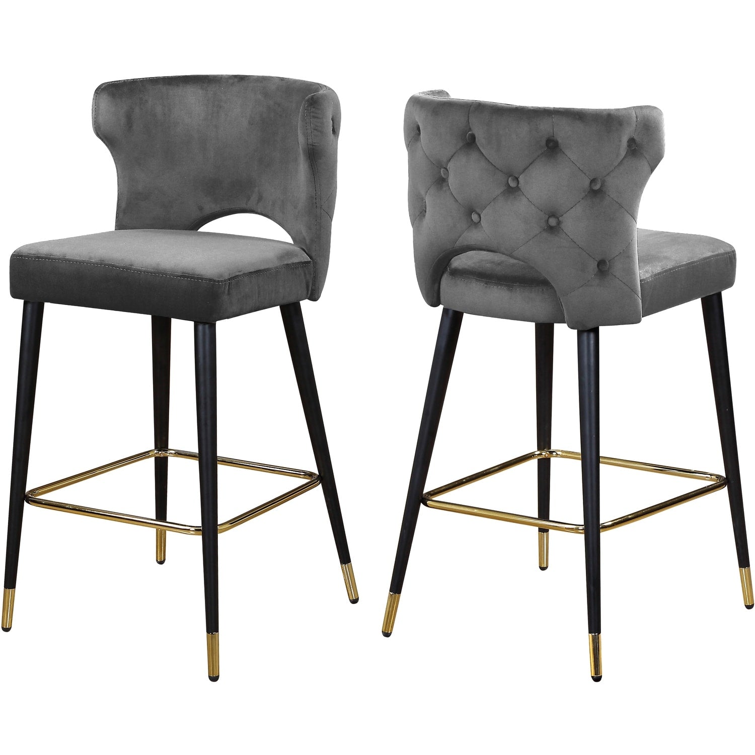 37 In.H Gray Finish Low Back Metal Frame Barstool Velvet Seat Set Of 2 38.5