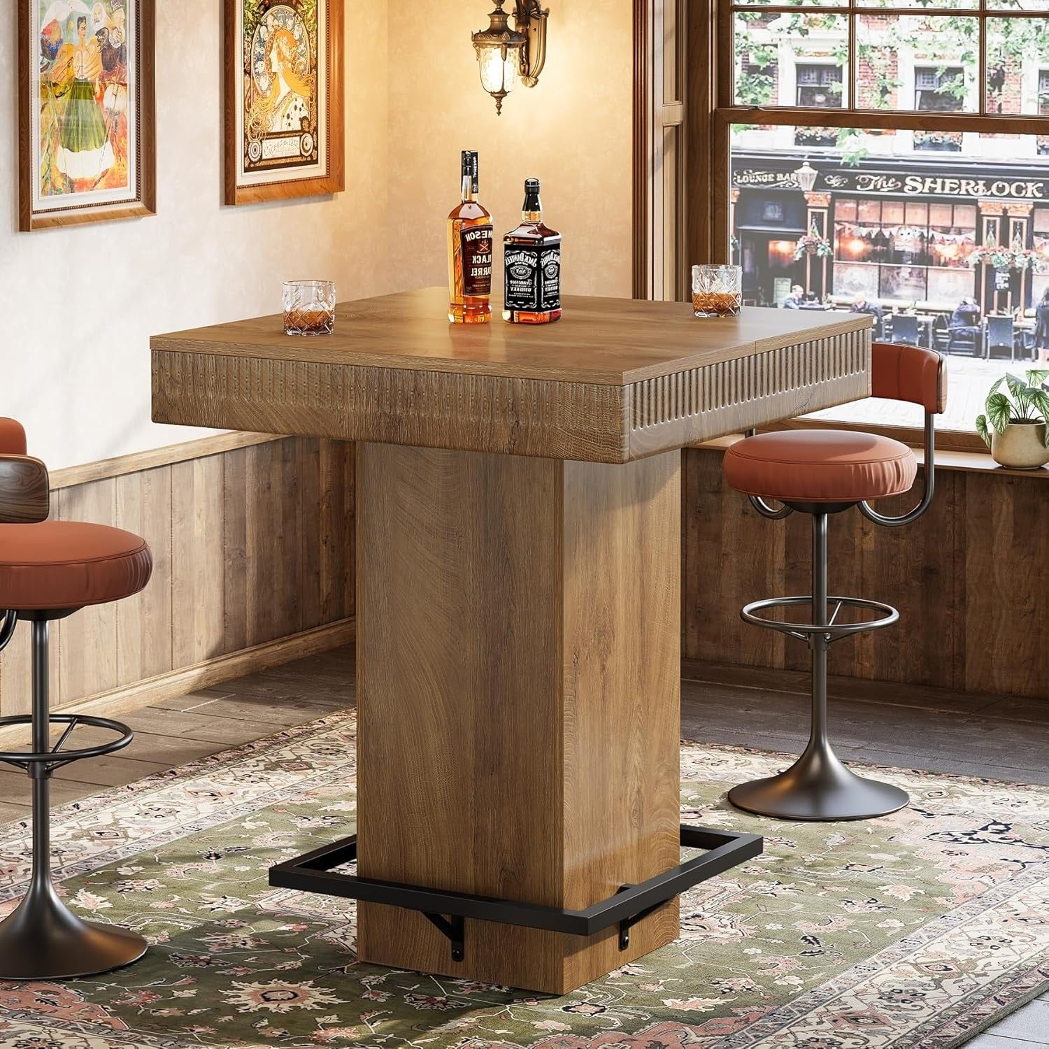 37.4 H Square Bar Table Industrial Wooden Bistro Pub Table With Metal Footrest 31.5 L X 31.5 W X 37.4 H