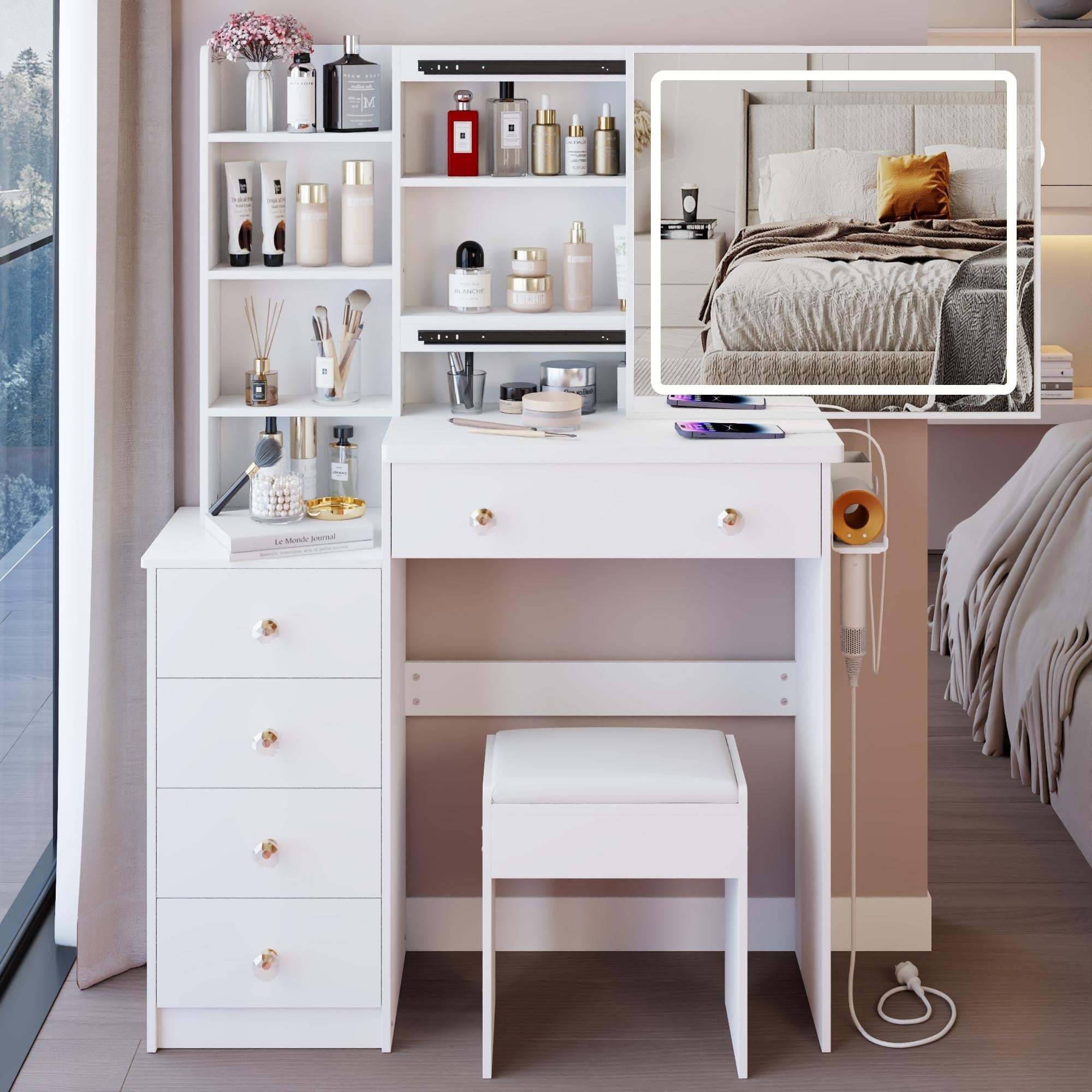 37 Middle Size Left Bedside Cabinet Vanity Table Cushioned Stool Dresser Set Large Touch Control Led Sliding Mirror