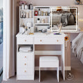 37 Middle Size Left Drawer Desktop Vanity Table Cushioned Stool Dresser Set Large Touch Control Led Sliding Mirror