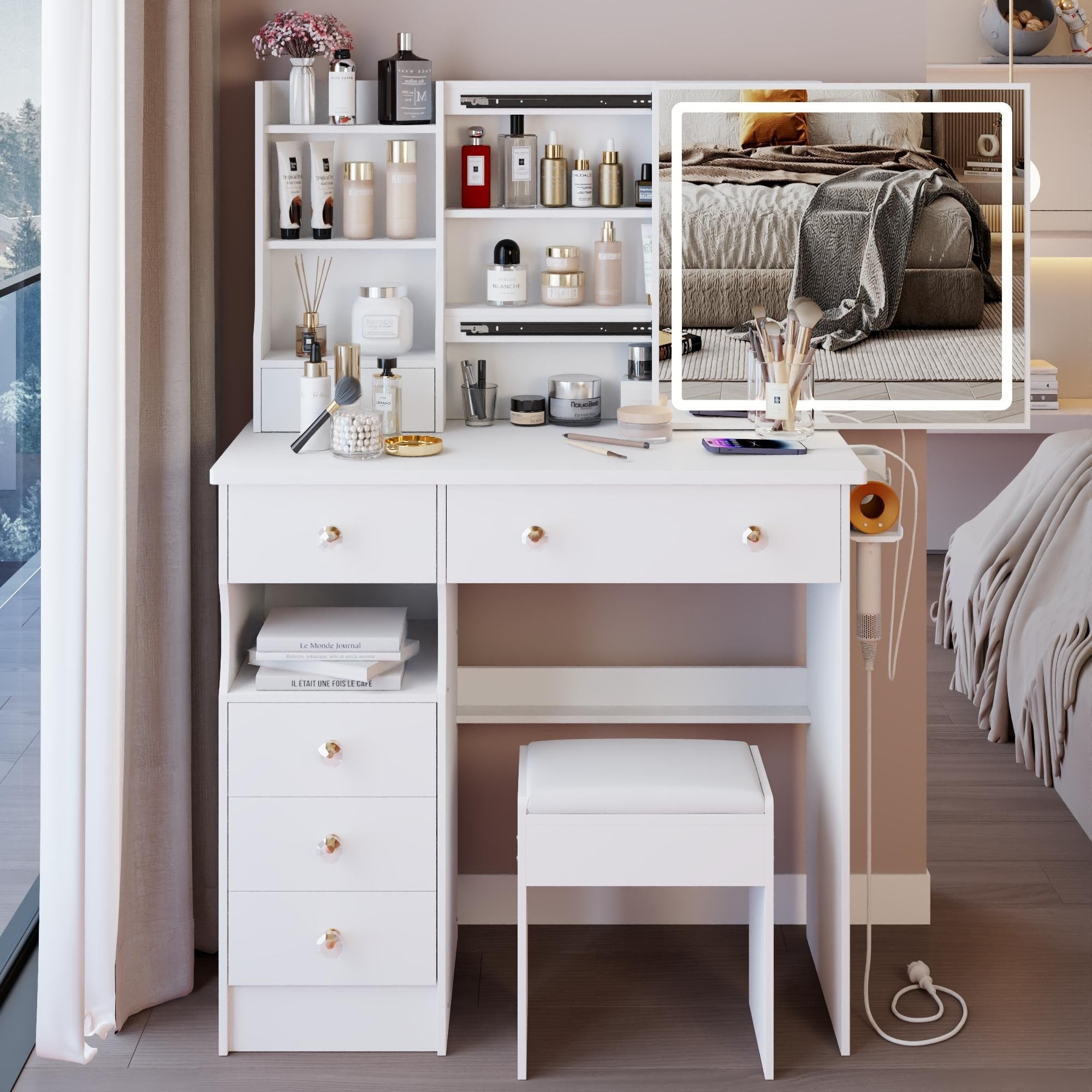 37 Middle Size Left Drawer Desktop Vanity Table Cushioned Stool Dresser Set Large Touch Control Led Sliding Mirror