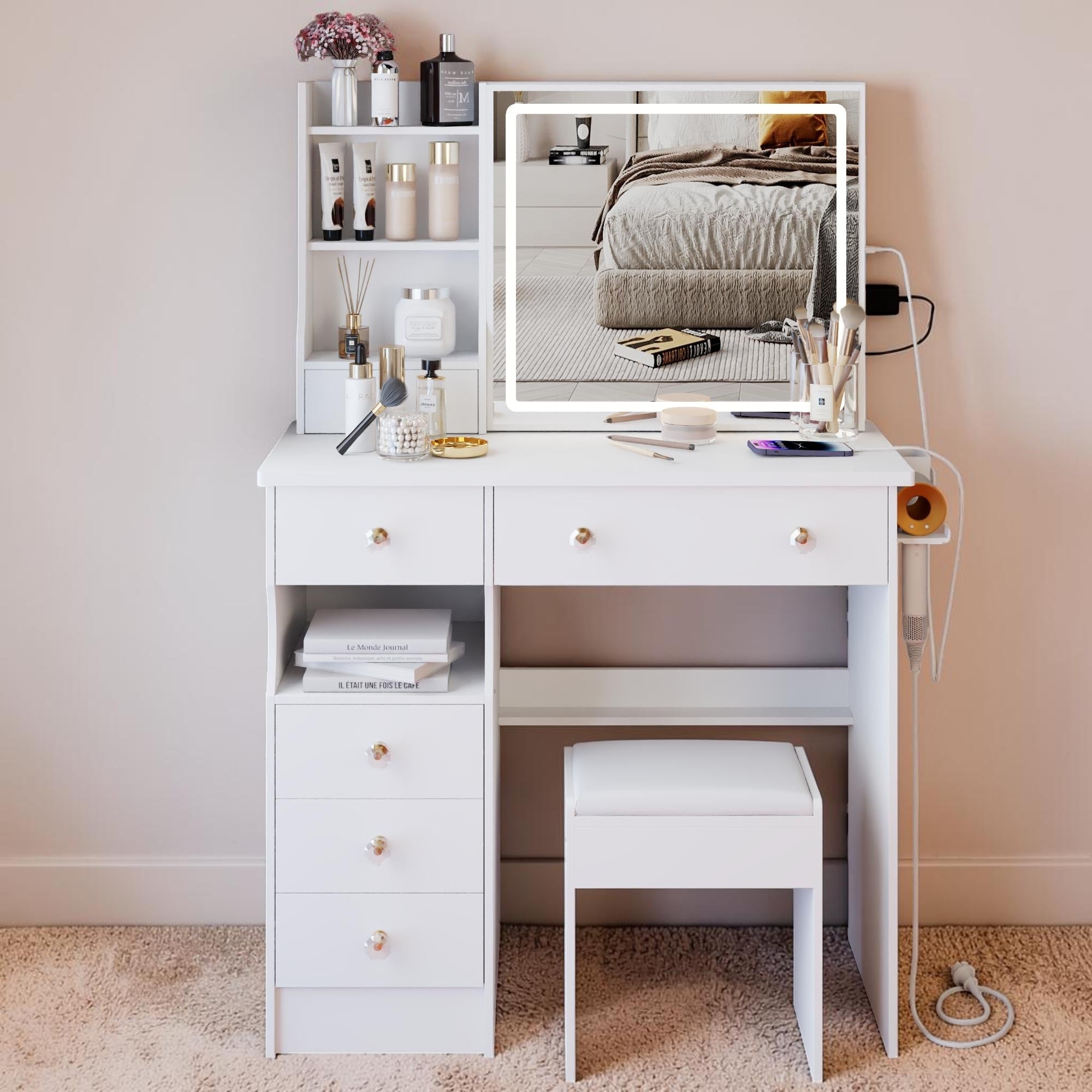 37 Vanity Table With Led Sliding Mirror Left Drawer 2 Ac 2 Usb Ports Hair Dryer Stand Storage Desk With Stool