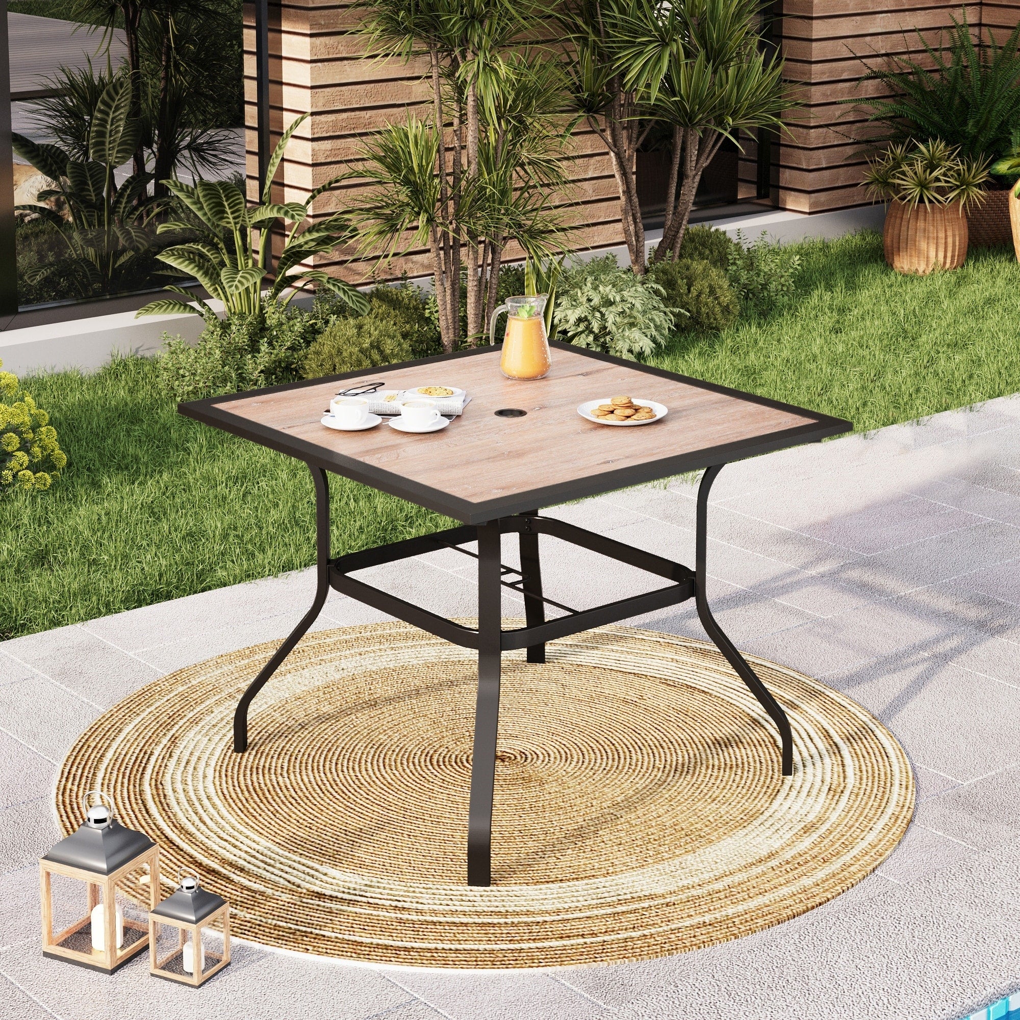 Phi Villa 37 X 37 Outdoor Patio Wood Like Square Dining Table With Metal Steel Frame And Umbrella Hole