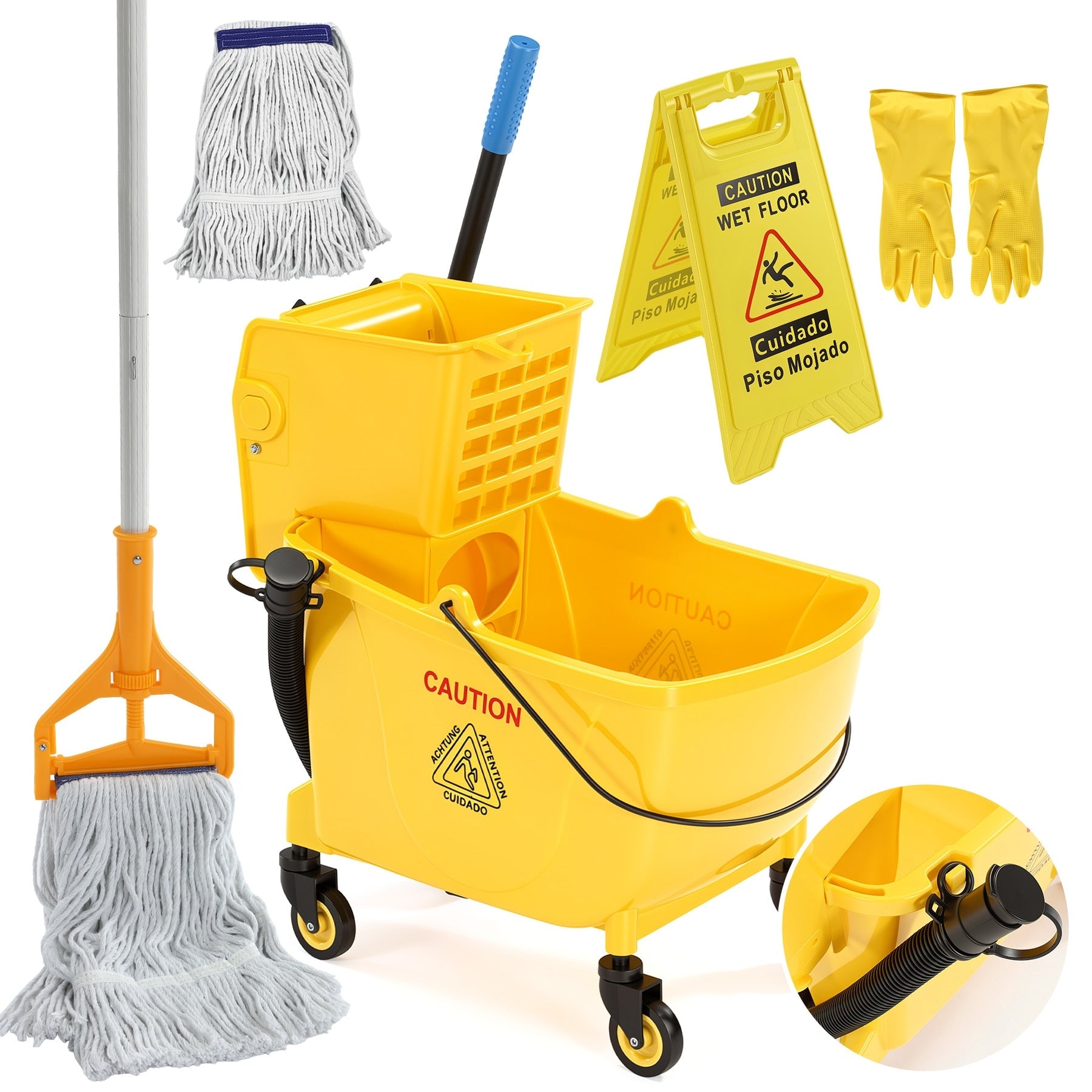 38 Qt Mop Bucket With Wringer On Wheels Rolling Floor Cleaning Bucket Set With Cotton Mop Mop Pad Wet Floor Sign Gloves