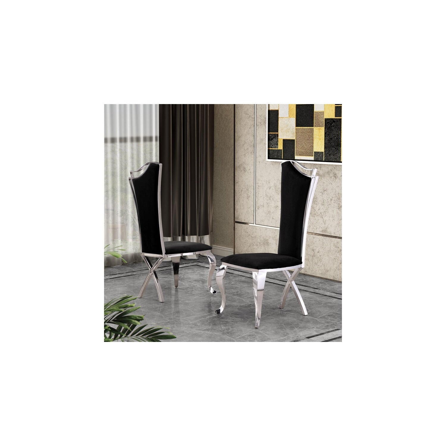 38 In.H Black Finish High Slat Back Armless Dining Chair With Velvet Seat Material