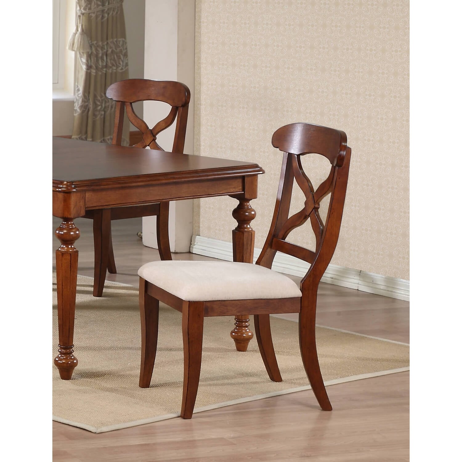 38 In.H Brown Finish High Cross Back Armless Dining Chair With Fabric Seat Material