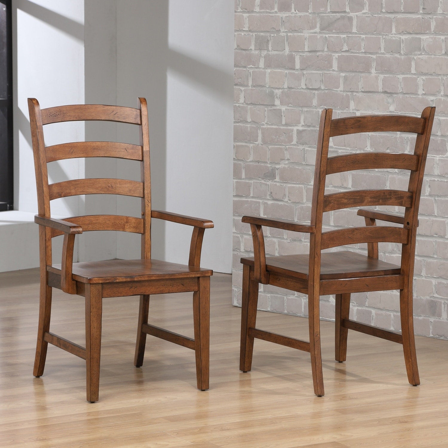 38 In.H Brown Finish High Ladder Back Armrest Dining Chair With Wood Seat Material
