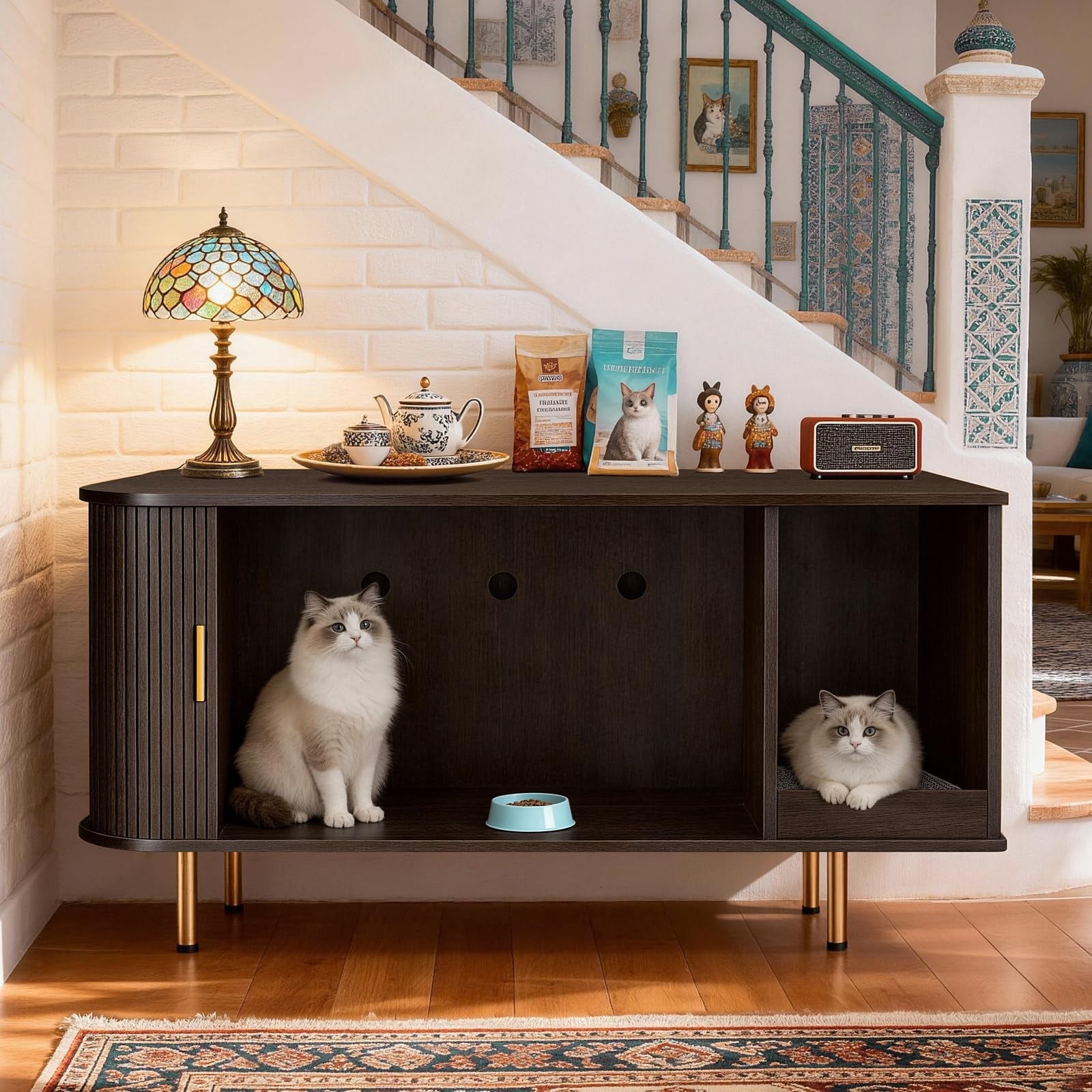 38.5 Cat Litter Box Enclosure With Scratch Pad And Sliding Door Cat Hidden Litter Box Cabinet Modern Indoor Cat House Tv Stand