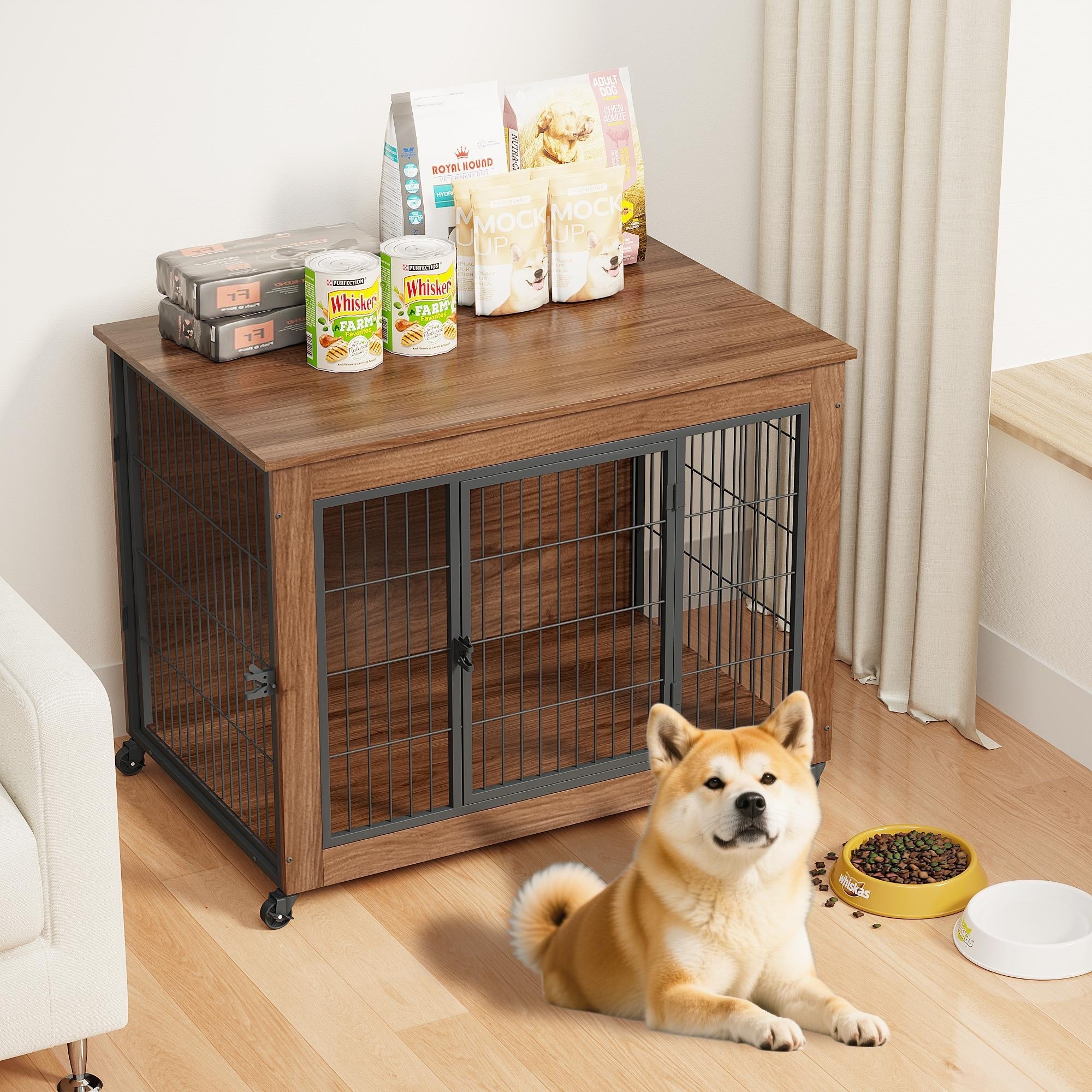 38.6 Dog Crate Furniture With Wheels For Small Dogs Heavy Duty Dog Kennel Indoor With 2 Doors Wooden Pet Cage End Table