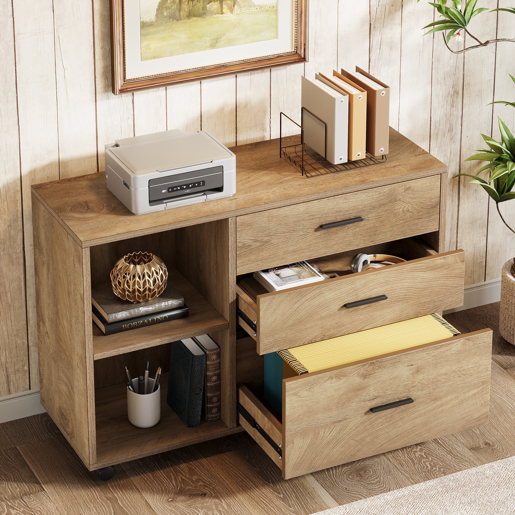 39 Inch Rolling File Cabinet With Drawers Home Office Lateral Filing Cabinet Modern Printer Stand With Storage Shelves