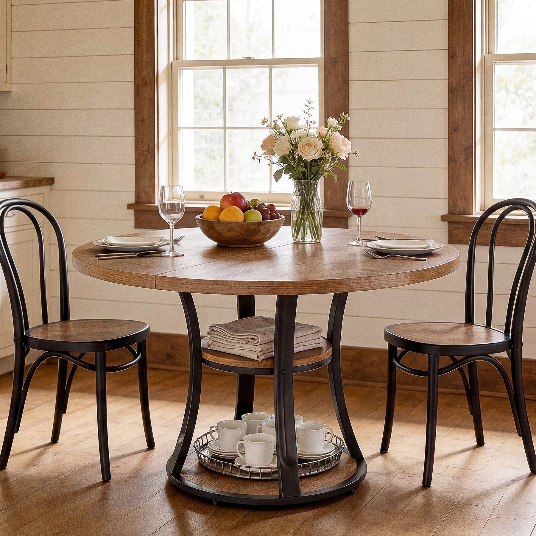 39 Inch Round Pedestal Dining Table With 2 Tier Storage Shelf 39.37 D X 39.37 W X 29.53 H