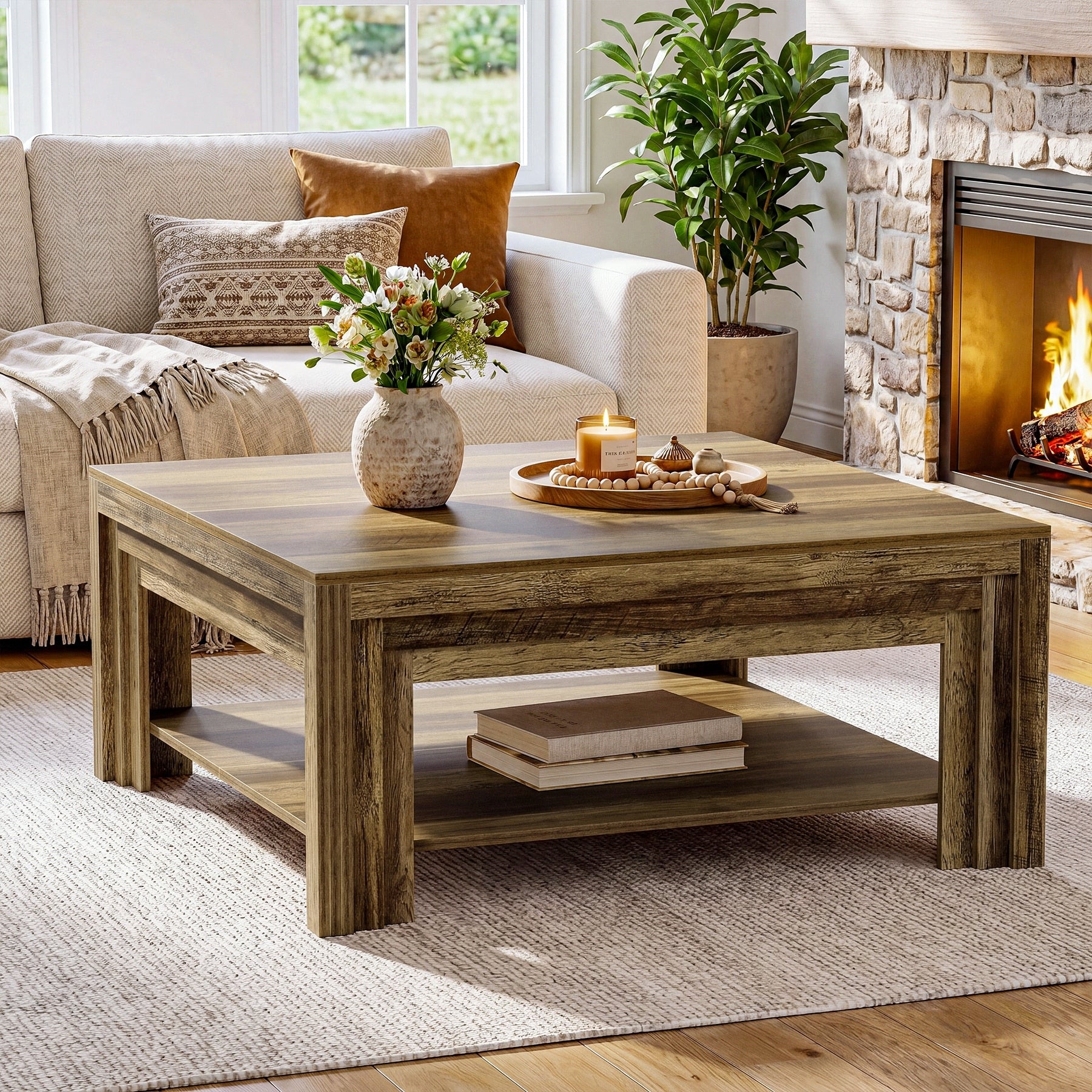 39 Inch Rustic Square Coffee Table Farmhouse Center Tea Table