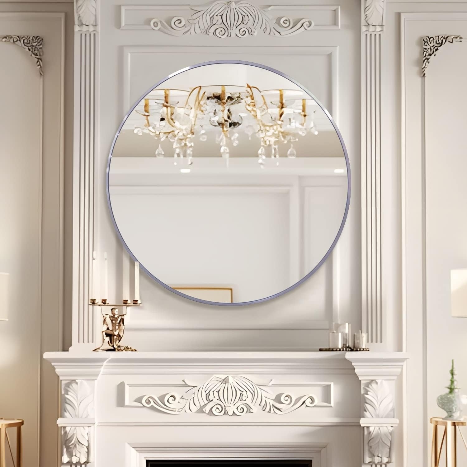 39 Inch Silver Metal Framed Round Bathrrom Mirror For Wall