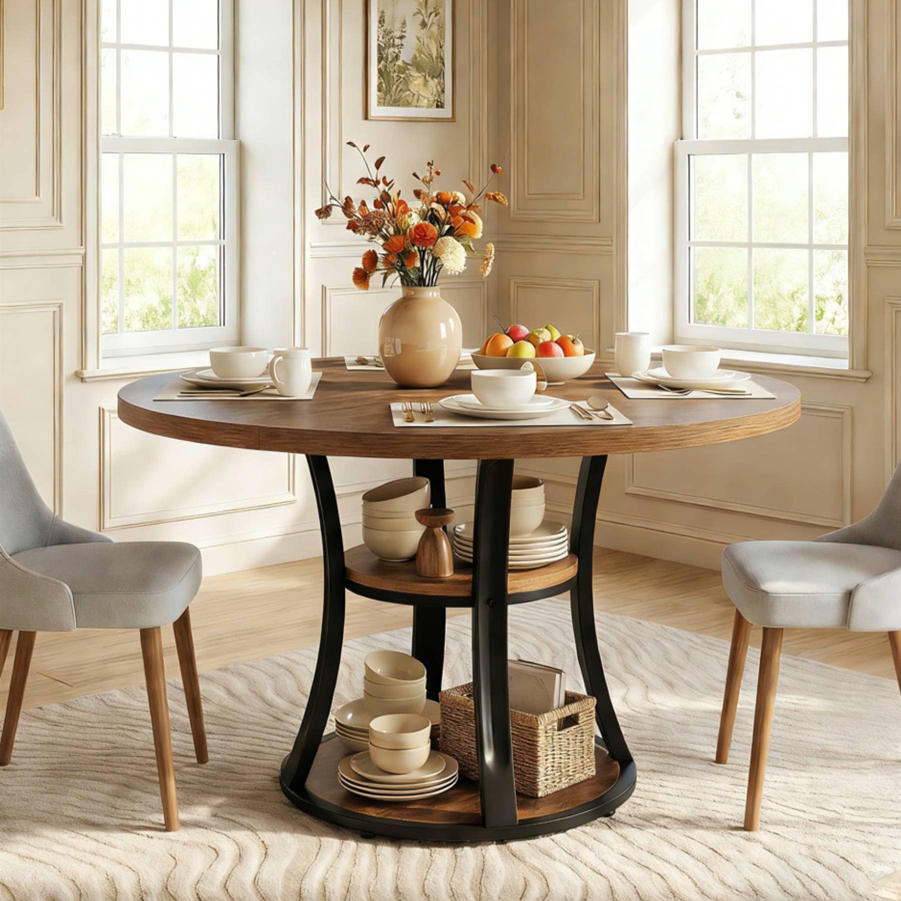 39 Inch Small Round Dining Table For 2 4 People 3 Tier Round Pedestal Dining Table With Srorage For Kitchen Dining Room