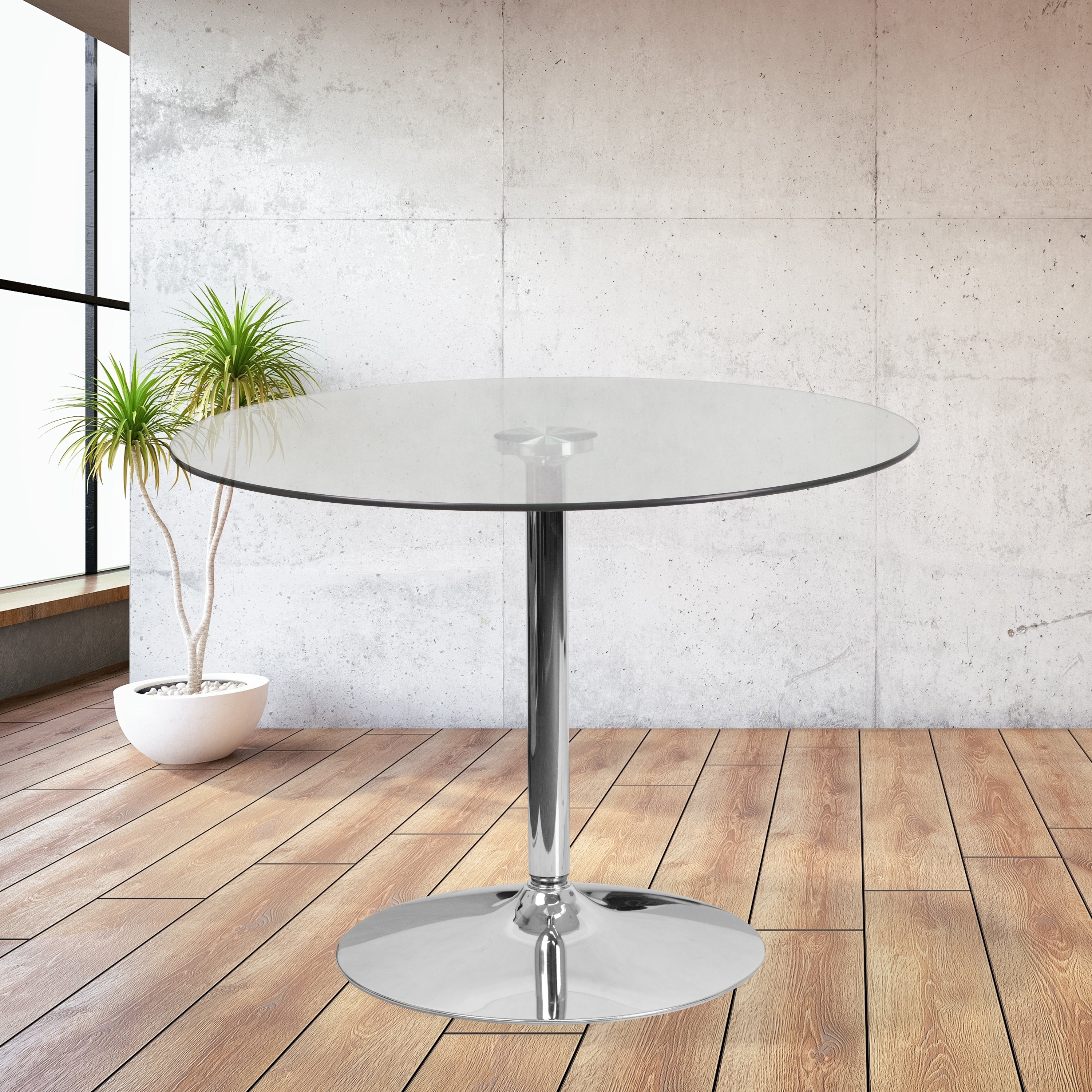 Porch Den Suffolk 39.25 Inch Round Glass Table With 29 Inch Chrome Base