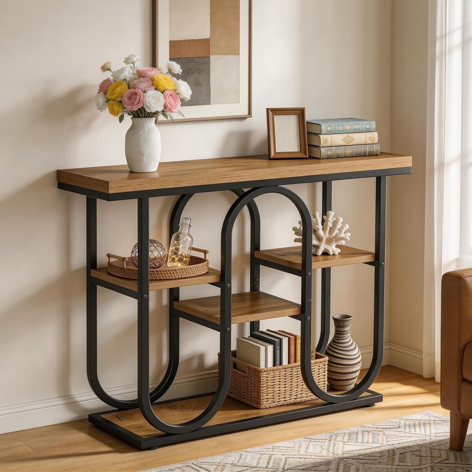 39.37 Inch Industrial Console Table With Open Shelves Modern Sofa Table For Hallway