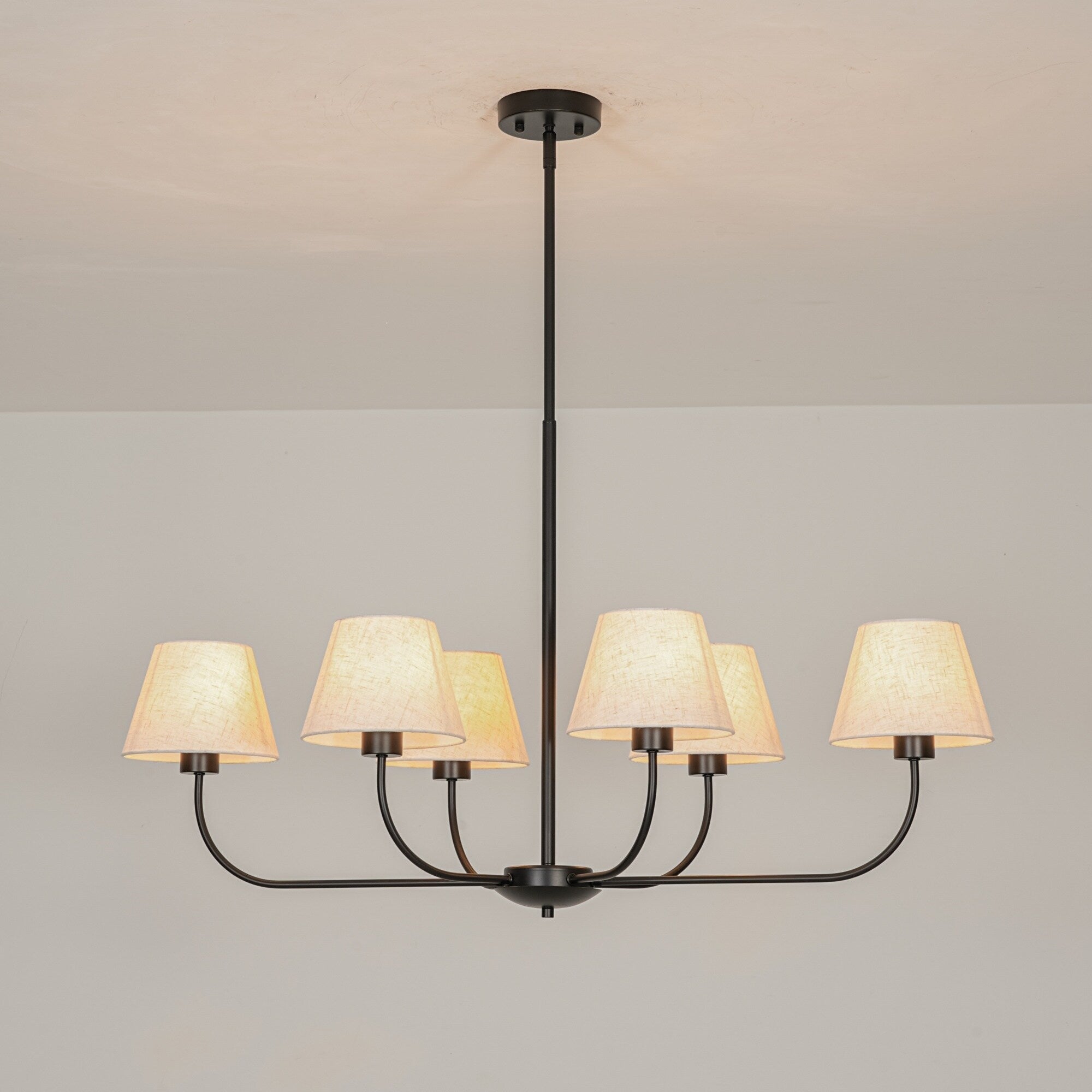 39.37 In. 6 Light Modern Farmhouse Sputnik Black Linear Chandelier With Linen Fabric Shades
