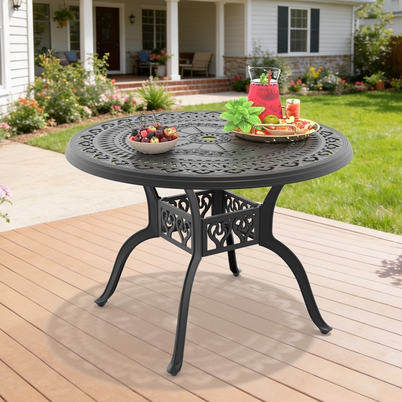 39.37 Inch Black Round Cast Aluminum Patio Table With Umbrella Hole