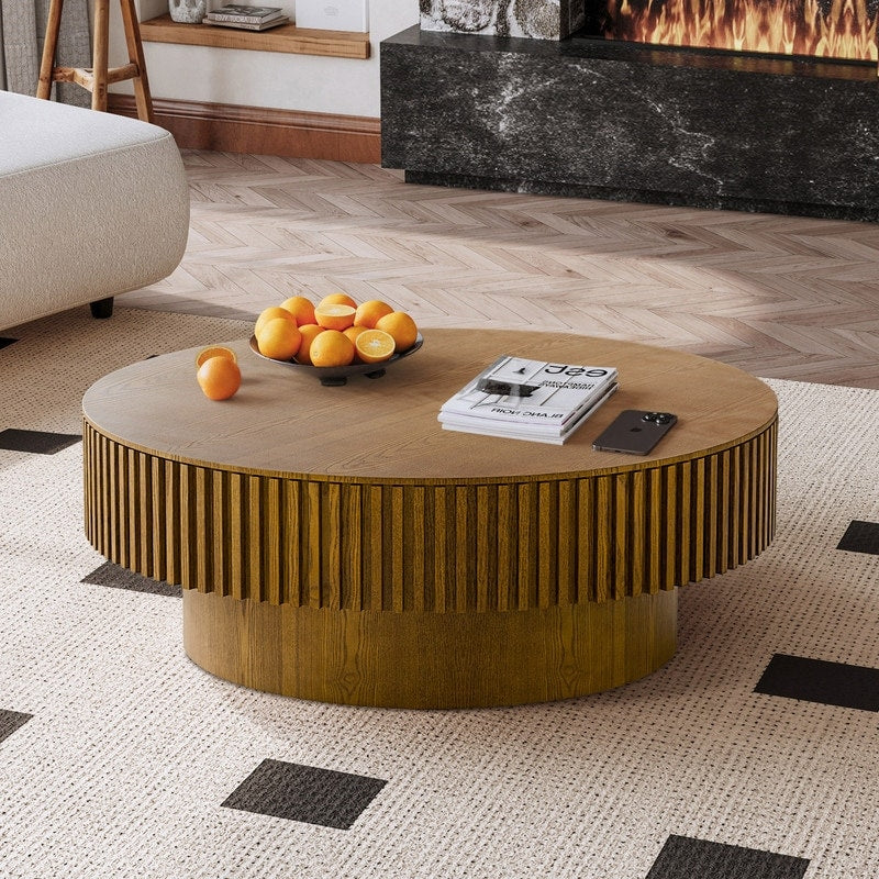 39.37 Round Coffee Table With Storage Solid Wood Veneered Modern Accent Table For Living Room Or Bedroom