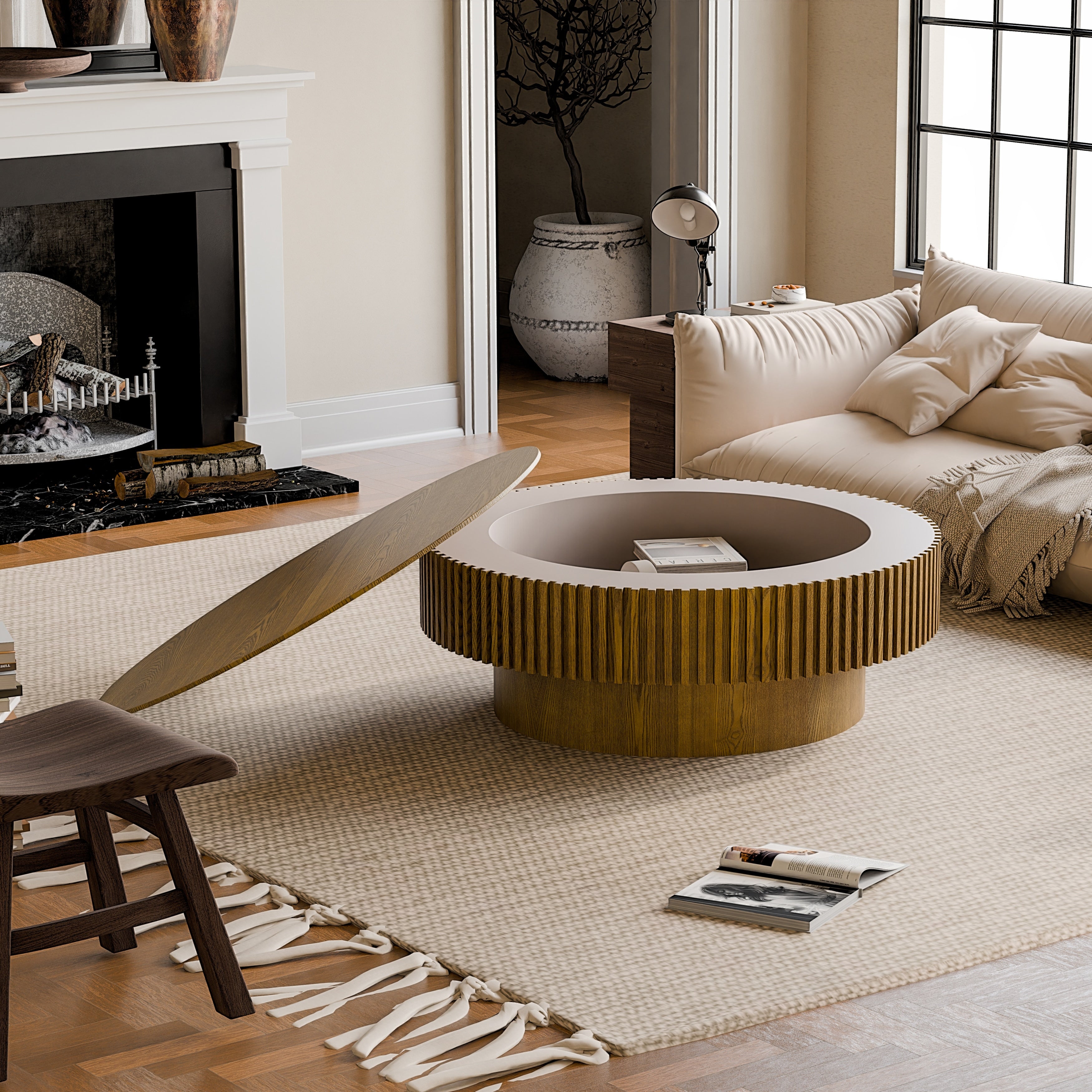 39.37 Round Coffee Table With Storage Solid Wood Veneered Modern Coffee Table Accent Tea Table For Living Room